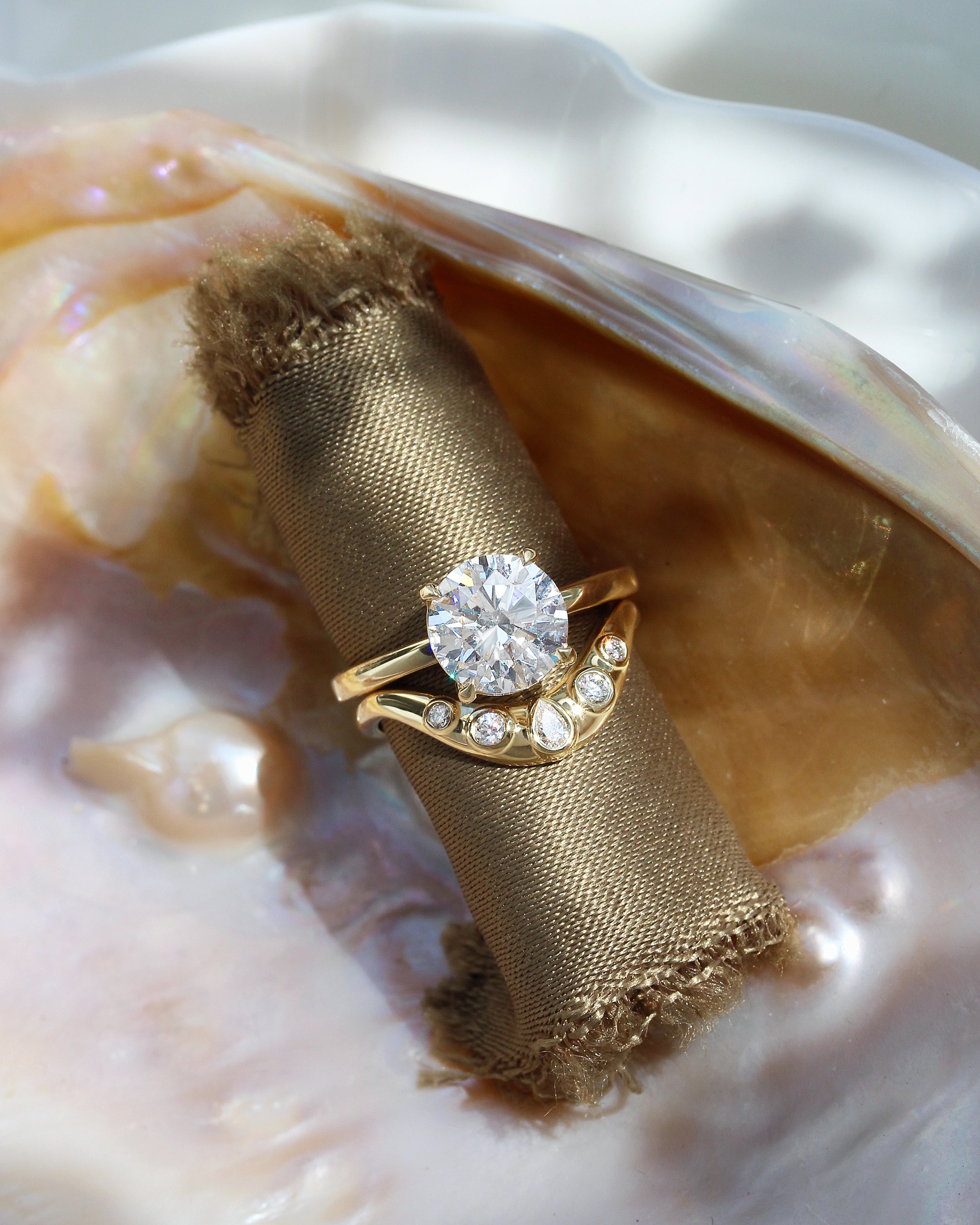 2ct Round Diamond Solitaire Arya with Curve Bold Gold Nesting Ring Mila Pear