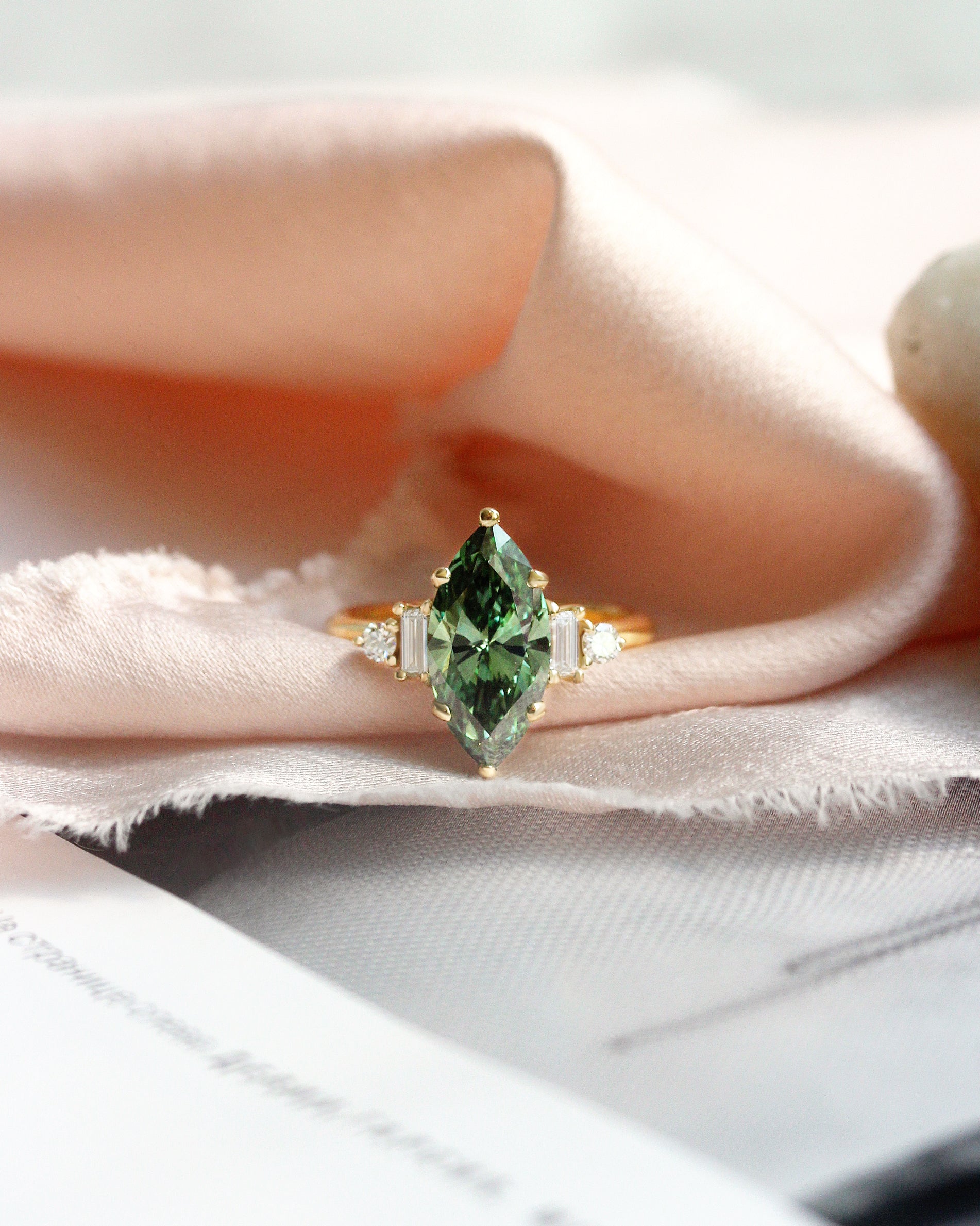 2 Carat Marquise Green Lab Diamond, Five Stone Engagement Ring Angela