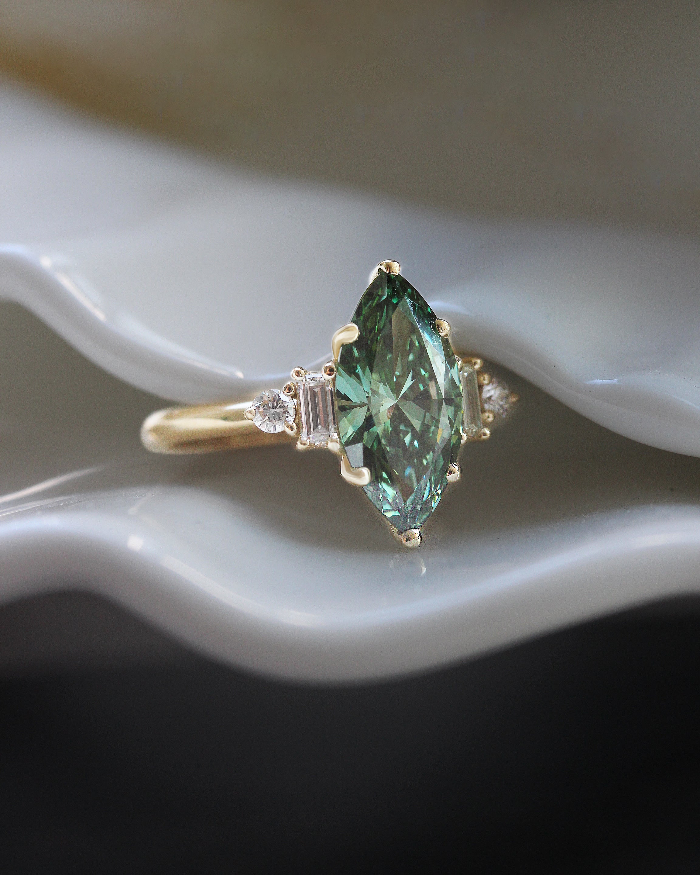 2 Carat Marquise Green Lab Diamond, Five Stone Engagement Ring Angela