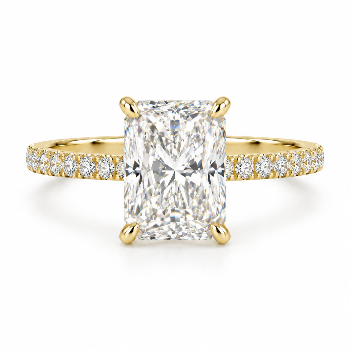 2 ct radiant-cut diamond engagement ring. A yellow gold engagement ring featuring a large rectangular radiant-cut diamond center stone, with a pavé-set diamond band, shown on a clean white background.