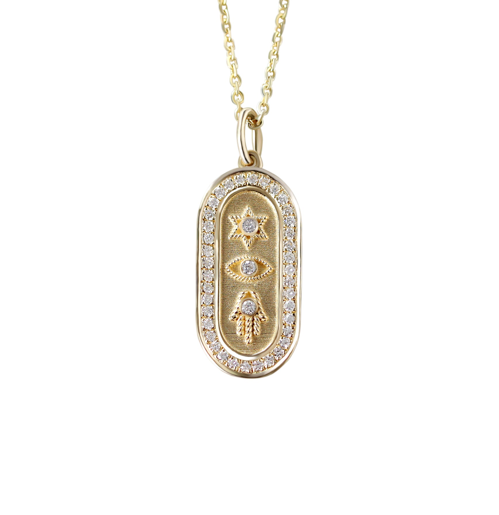 Magen David, Evil Eye, and Hamsa Gold and Diamond Pendant Necklace - Judaica Symbols