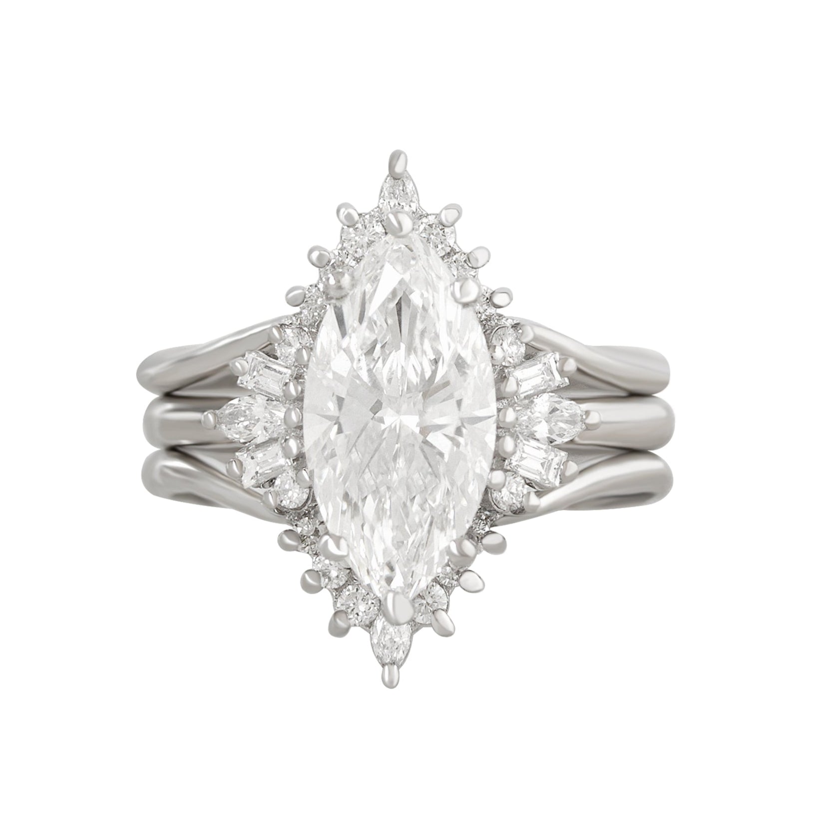 3 Carat Marquise Lab Diamond Modern Engagement Ring, with Two Matching V Nesting Rings - Ashley