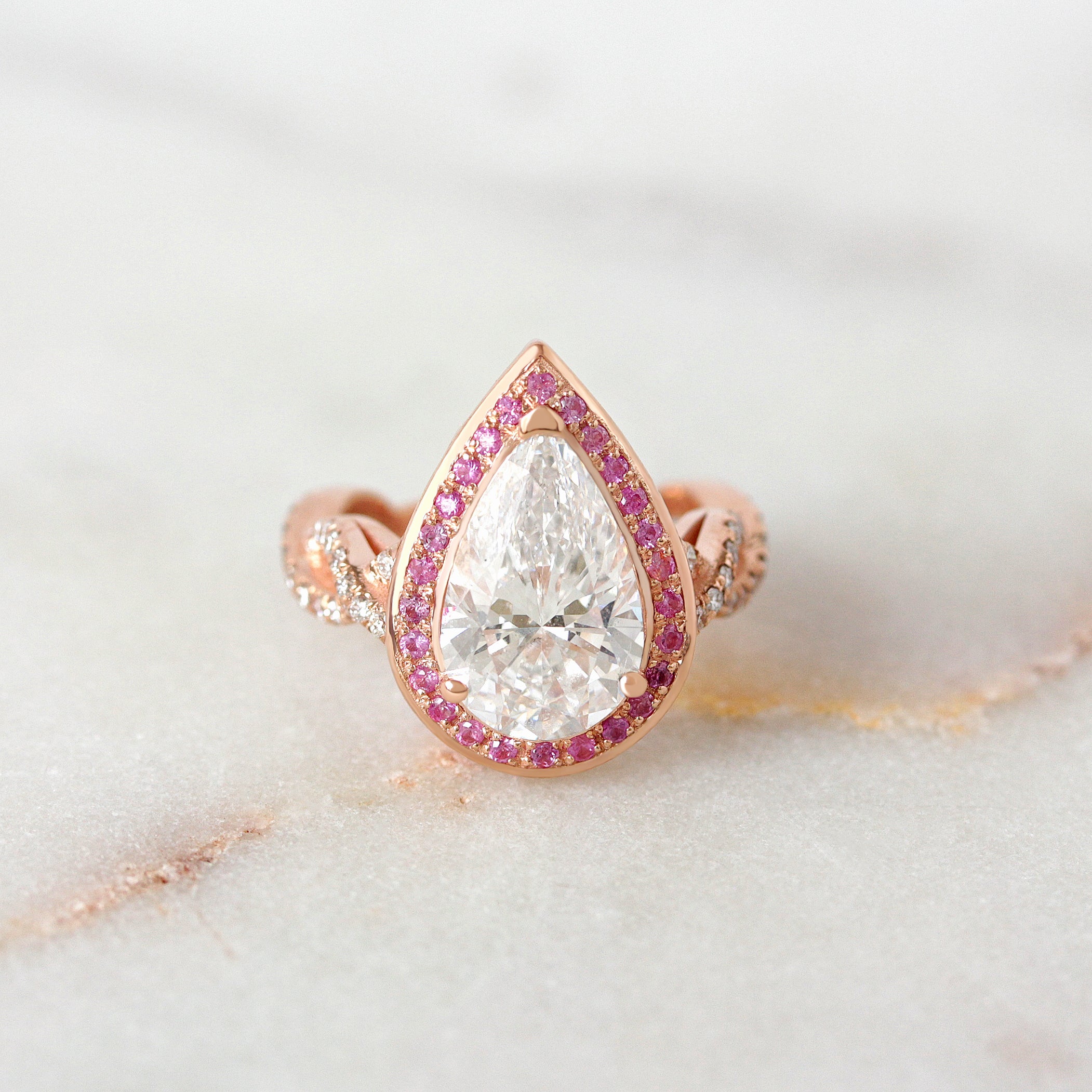 3 Carat Pear Diamond Engagement Ring, Pink Sapphires Halo, Twist Shank, Pink Engagement Ring