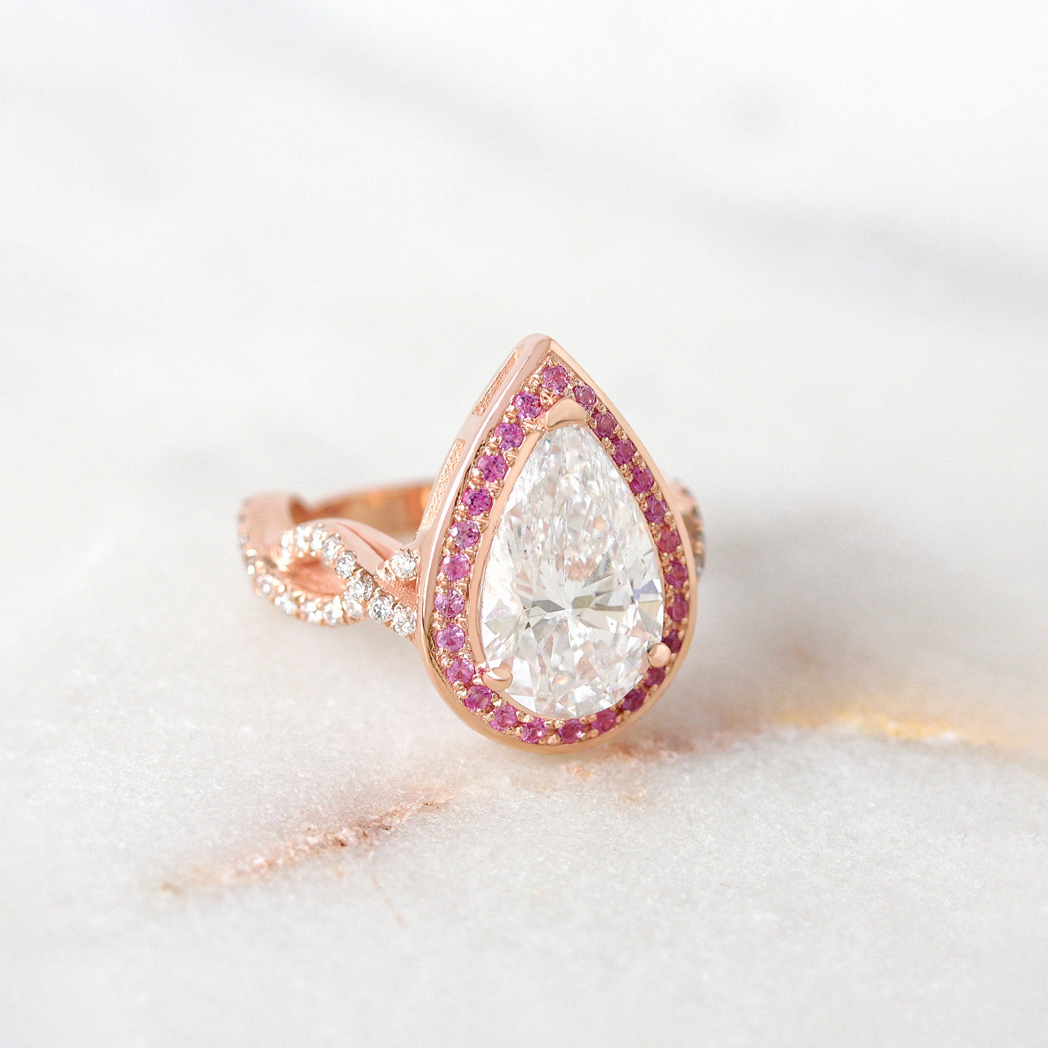 3 Carat Pear Diamond Engagement Ring, Pink Sapphires Halo, Twist Shank, Pink Engagement Ring