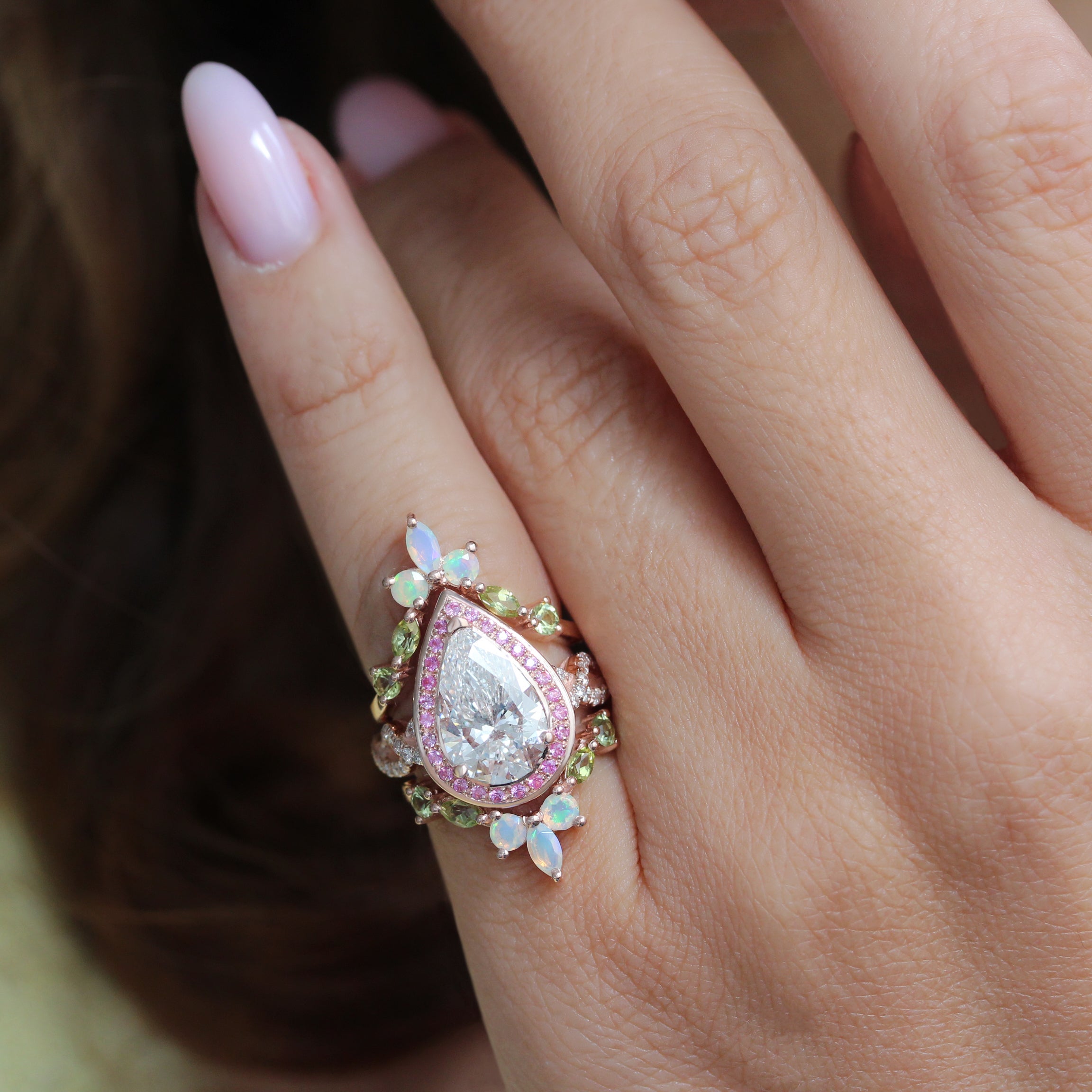 3 Carat Pear Diamond Engagement Ring, Pink Sapphires Halo, Twist Shank, Pink Engagement Ring