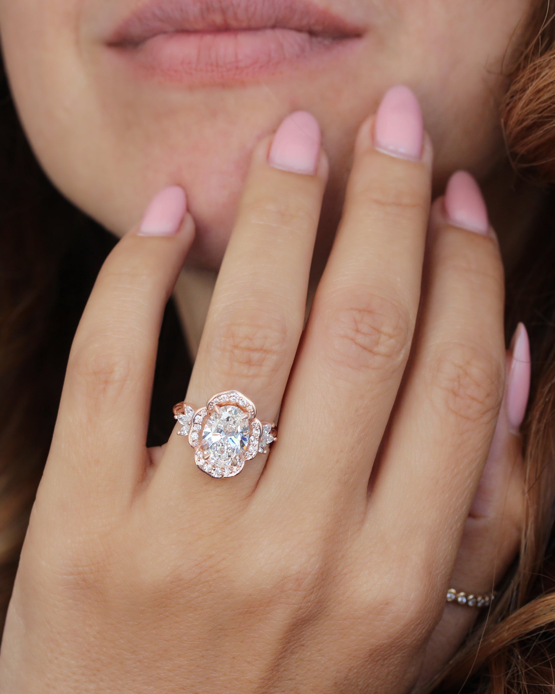 3 Carat Oval Lab Diamond Flower Engagement Ring, Cemellia,  flower engagement ring, birthflower ring 