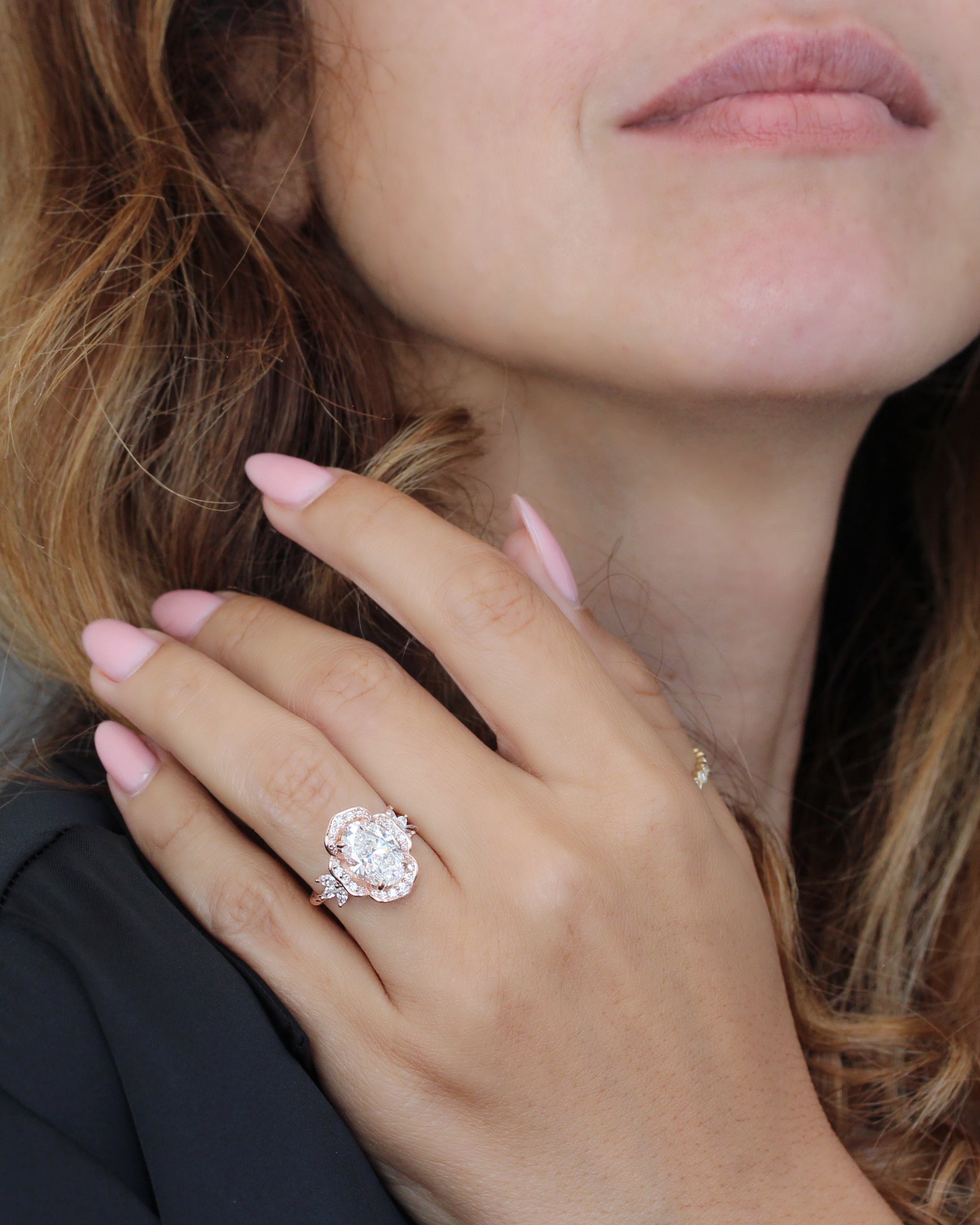 3 Carat Oval Lab Diamond Flower Engagement Ring, Cemellia,  flower engagement ring, birthflower ring 