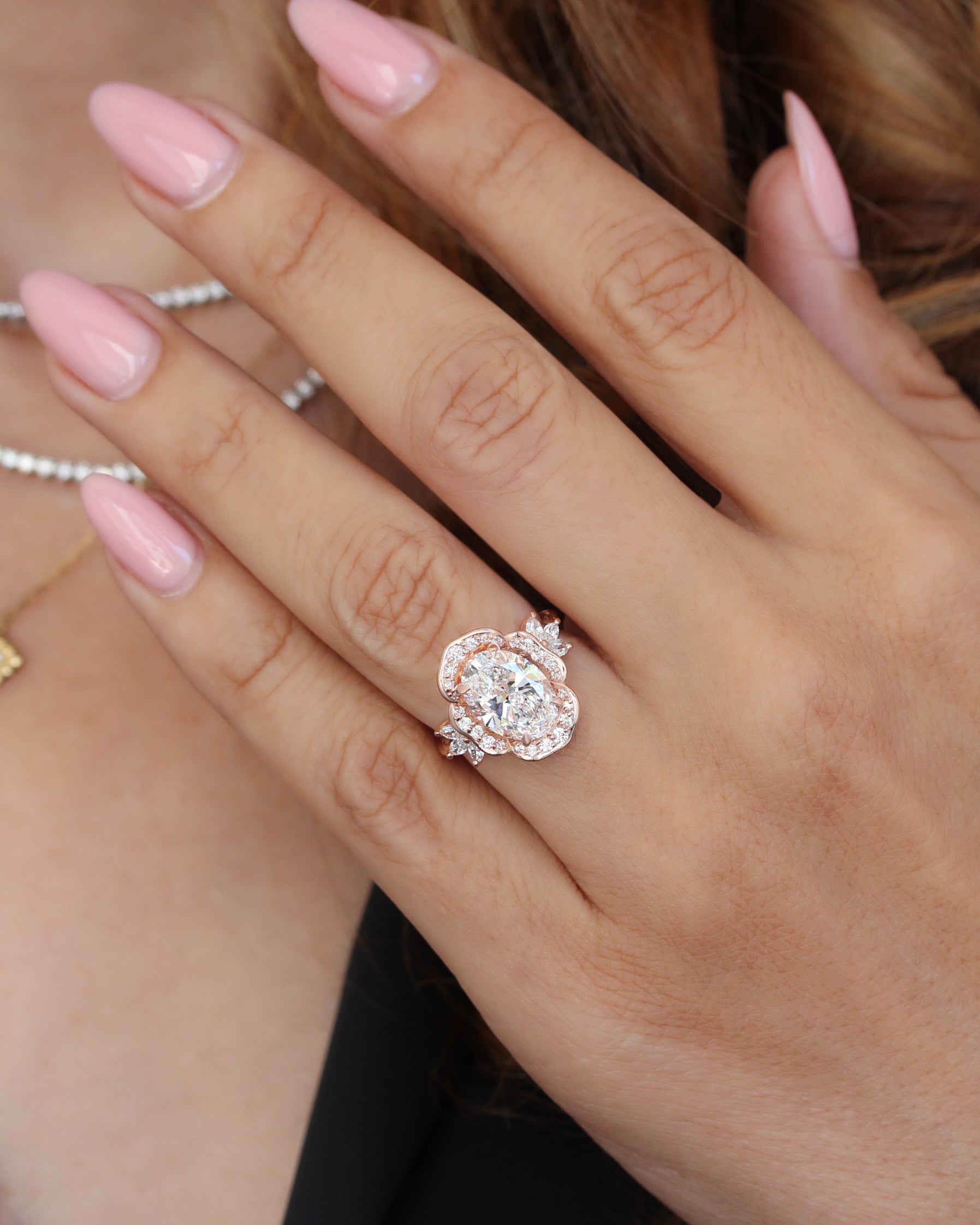 3 Carat Oval Lab Diamond Flower Engagement Ring, Cemellia,  flower engagement ring, birthflower ring 