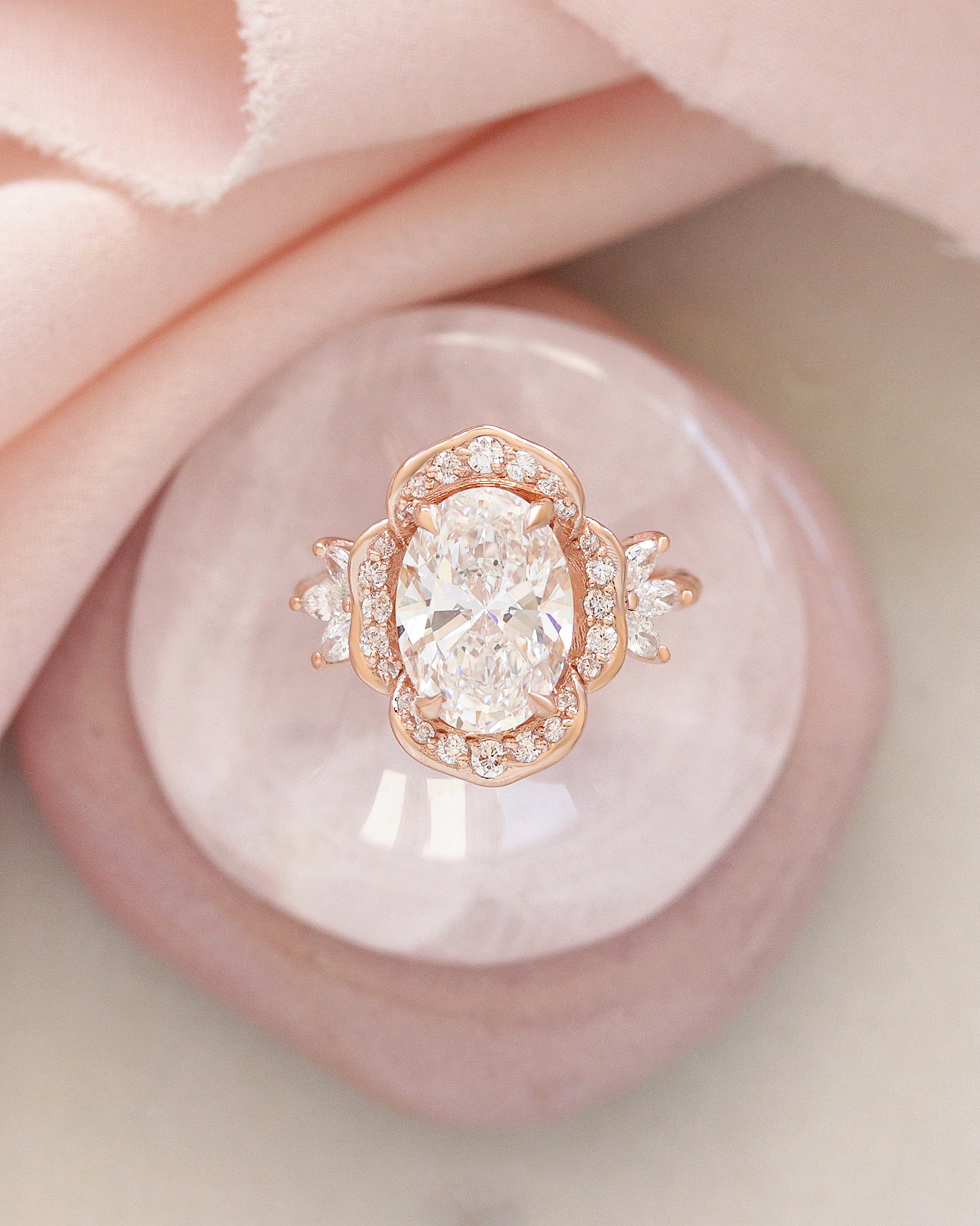 3 Carat Oval Lab Diamond Flower Engagement Ring, Cemellia,  flower engagement ring, birthflower ring 