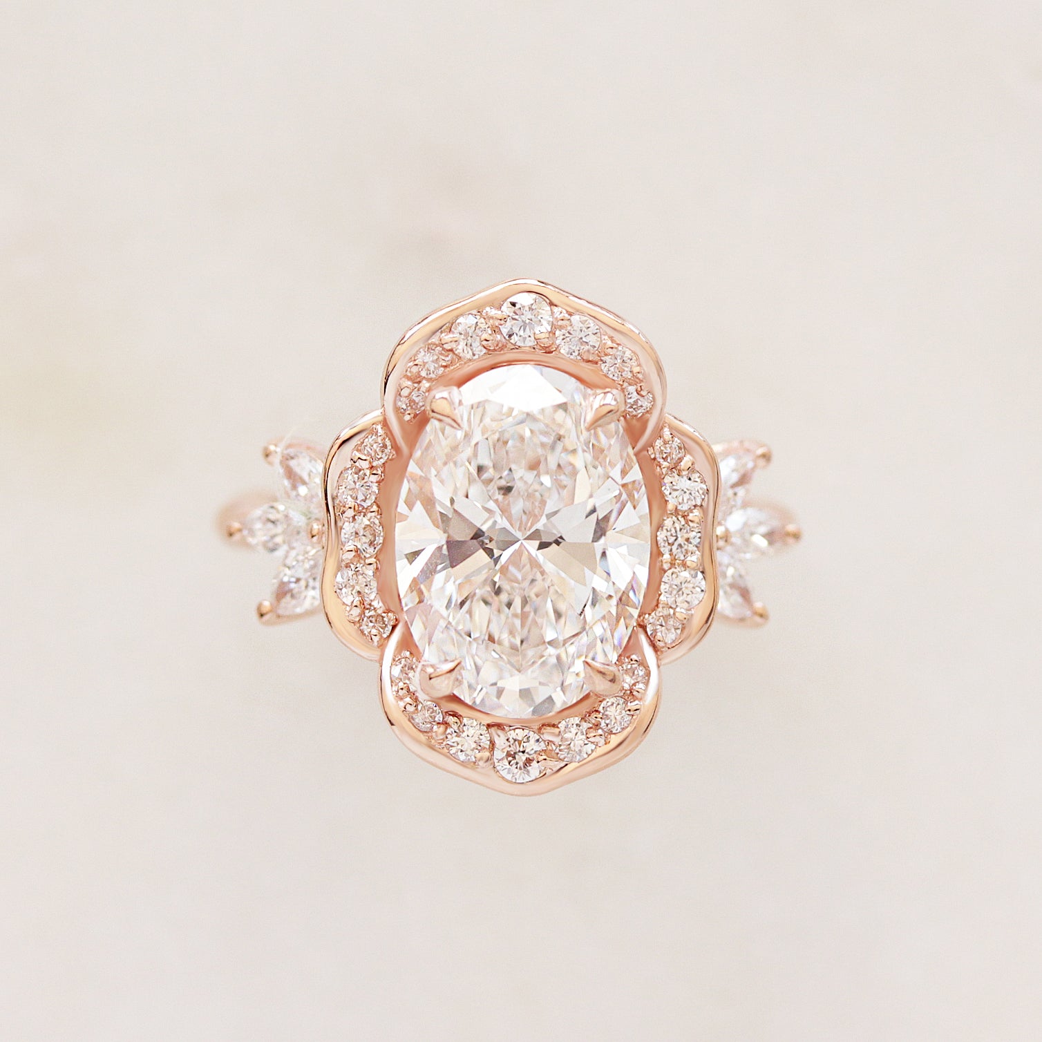 3 Carat Oval Lab Diamond Flower Engagement Ring, Cemellia,  flower engagement ring, birthflower ring 