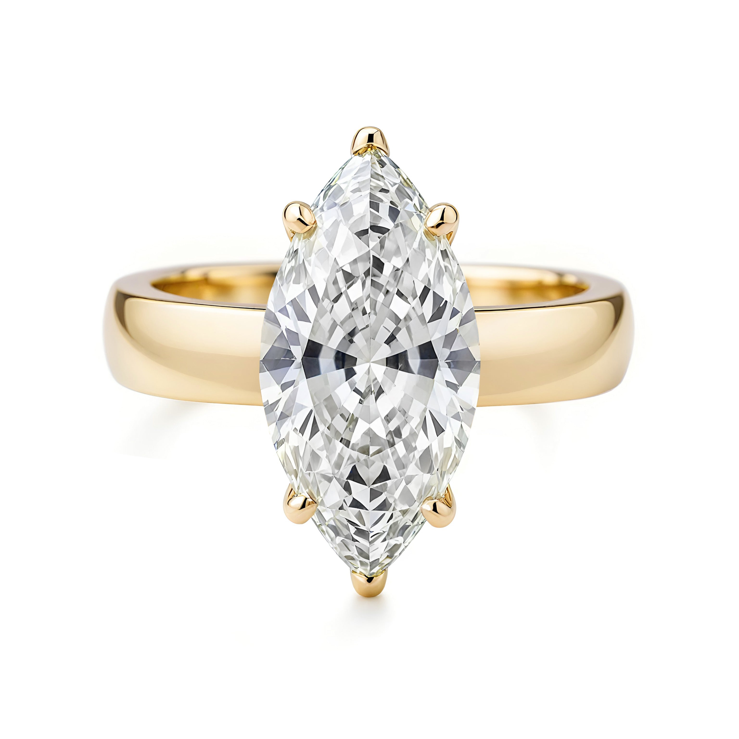 Wide Band Marquise Diamond Solitaire 4mm Band Engagement Ring yellow gold