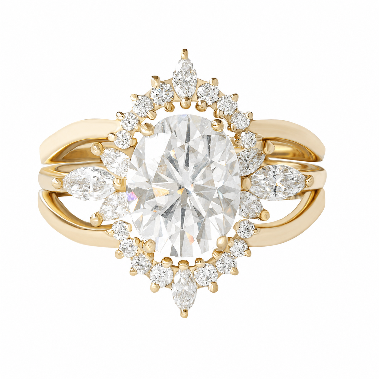 A yellow gold ring featuring a large 3 ct oval-cut center diamond surrounded by a halo of marquise and round diamonds, with a ring guard in a split-shank design on a white background.