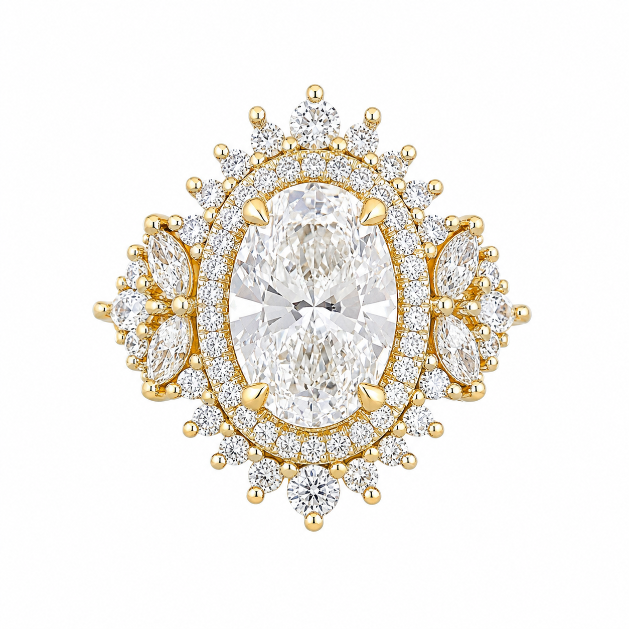 A yellow gold double halo ring featuring a large 3ct oval-cut center stone surrounded by multiple round and marquise-cut clear accent stones, set against a plain white background.