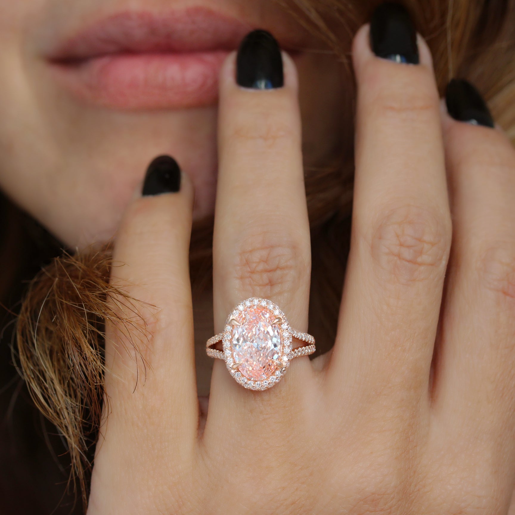 4.5ct Oval Pink Diamond Micro Pave Diamond Engagement Ring Petra, statement engagement ring 4.5ct pink oval diamond, double halo diamond ring,  high jewelry, luxury