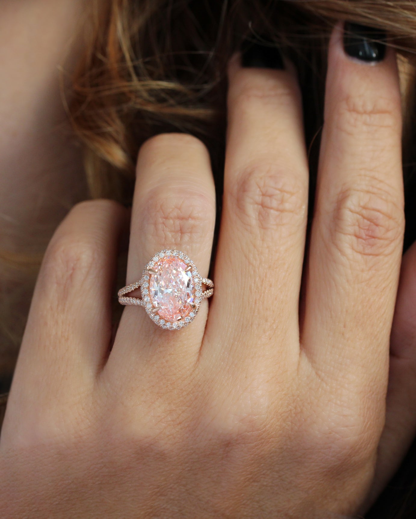 4.5ct Oval Pink Diamond Micro Pave Diamond Engagement Ring Petra, statement engagement ring 4.5ct pink oval diamond, double halo diamond ring,  high jewelry, luxury