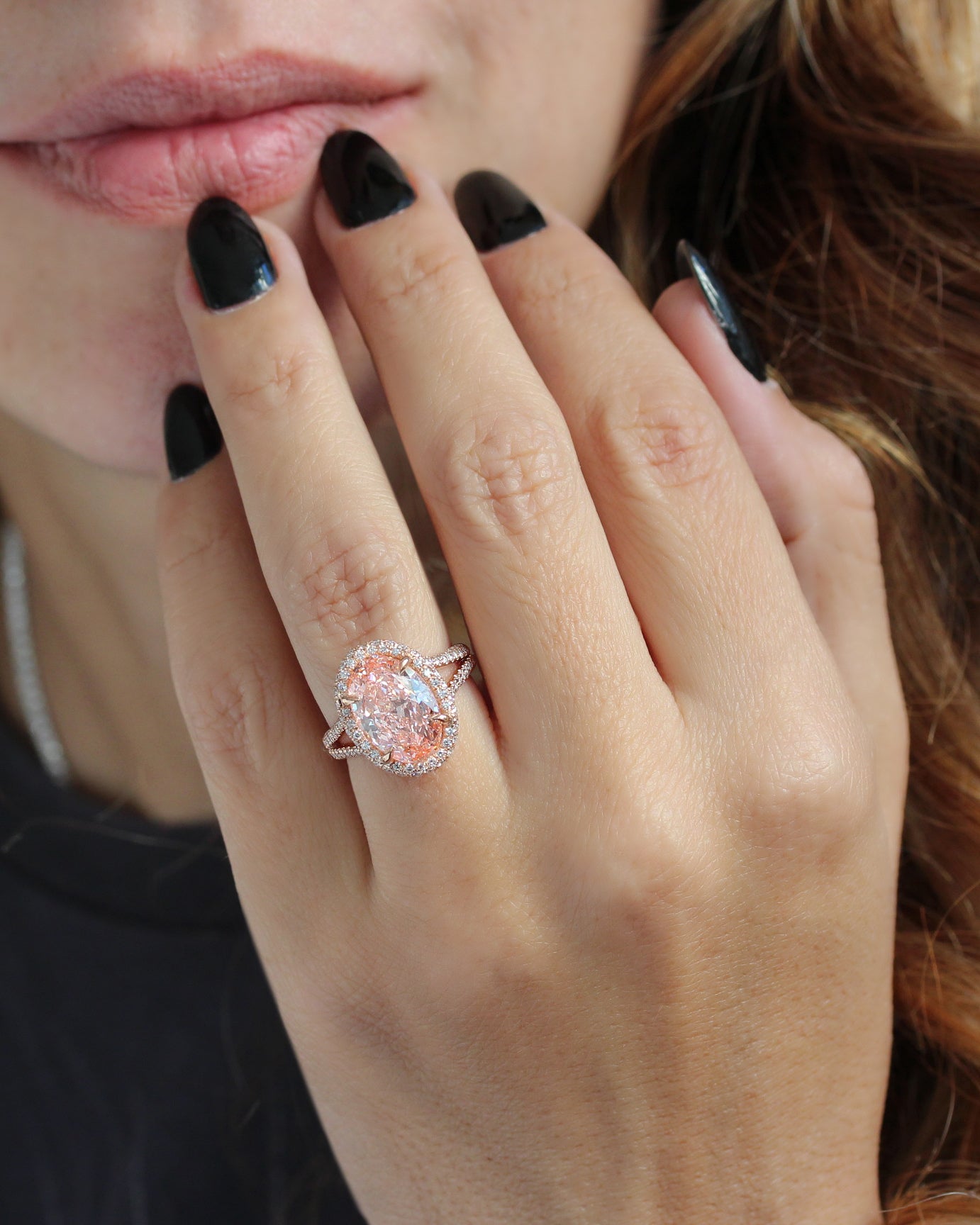 4.5ct Oval Pink Diamond Micro Pave Diamond Engagement Ring Petra, statement engagement ring 4.5ct pink oval diamond, double halo diamond ring,  high jewelry, luxury