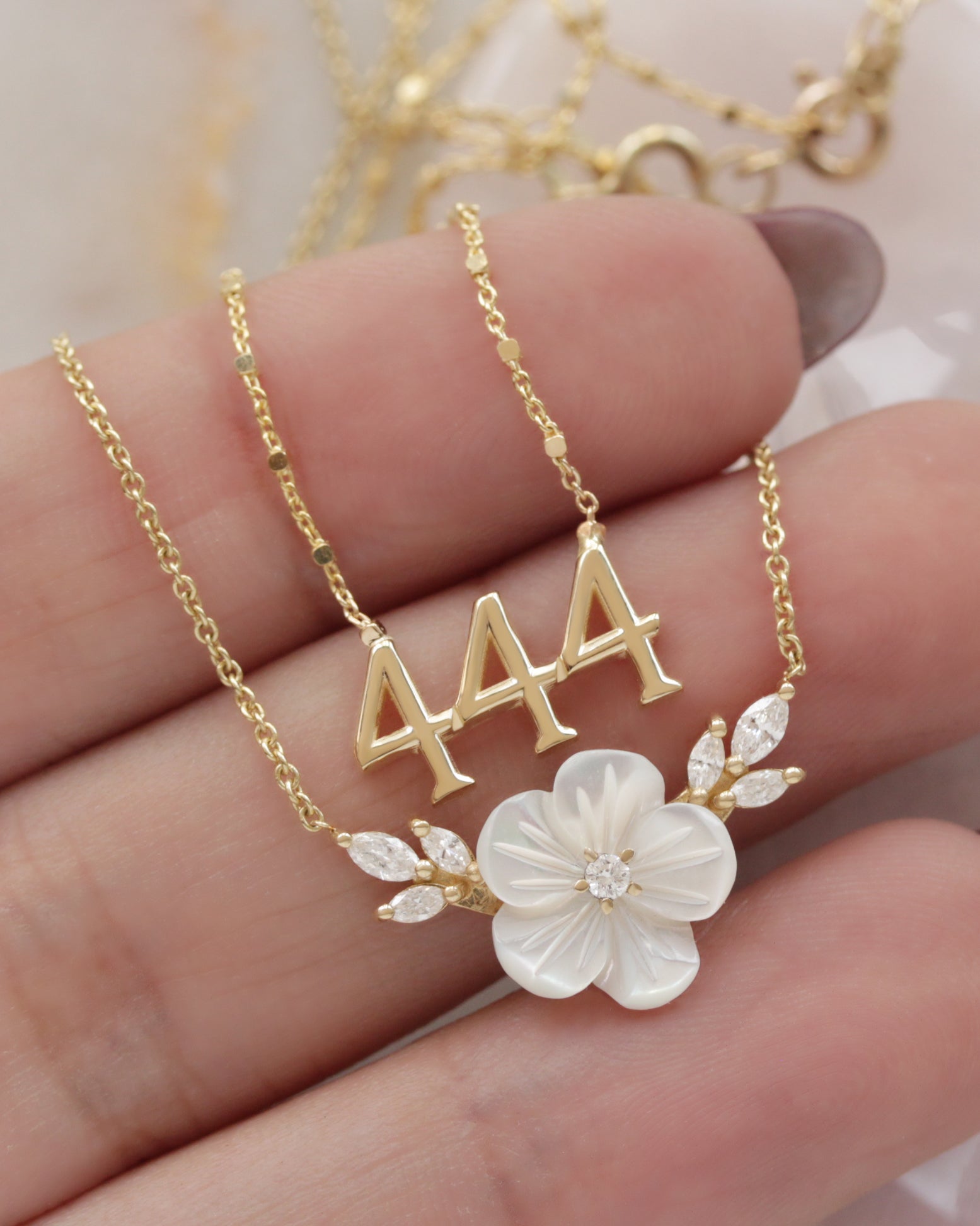 444 Angel Number Protection Gold Necklace with Beaded Detail Chain