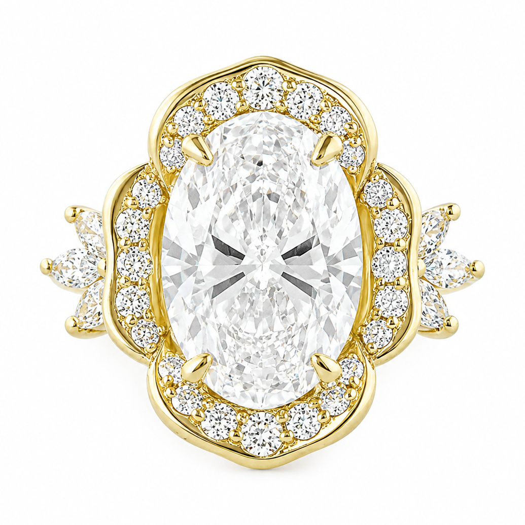 4ct oval diamond engagement ring flower camellia yellow gold