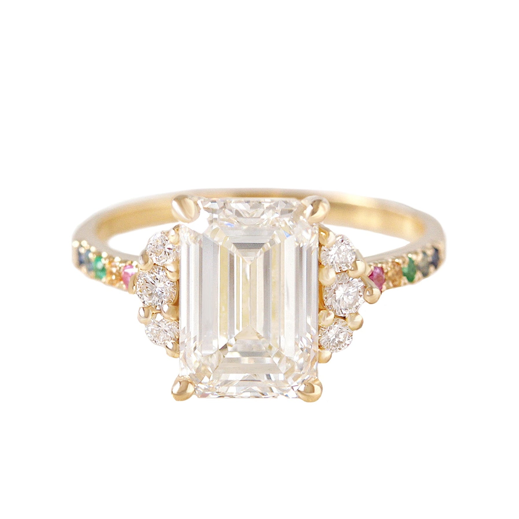 4 carat emerald cut diamond rainbow band engagement ring 
