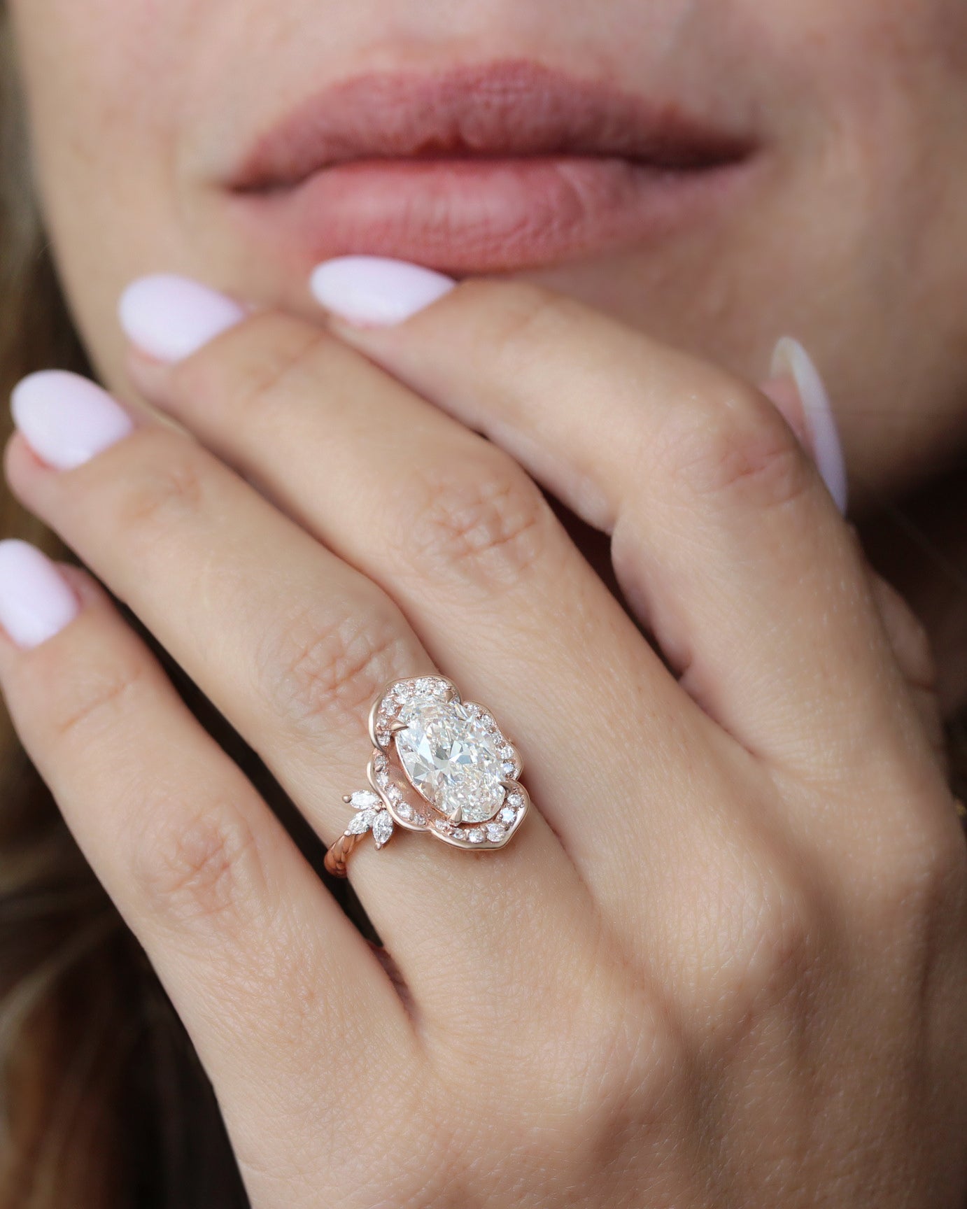 4ct Oval Cut Lab Grown Diamond Flower Statement, Camellia, nature inspired engagemetn ring, flower diamond ring