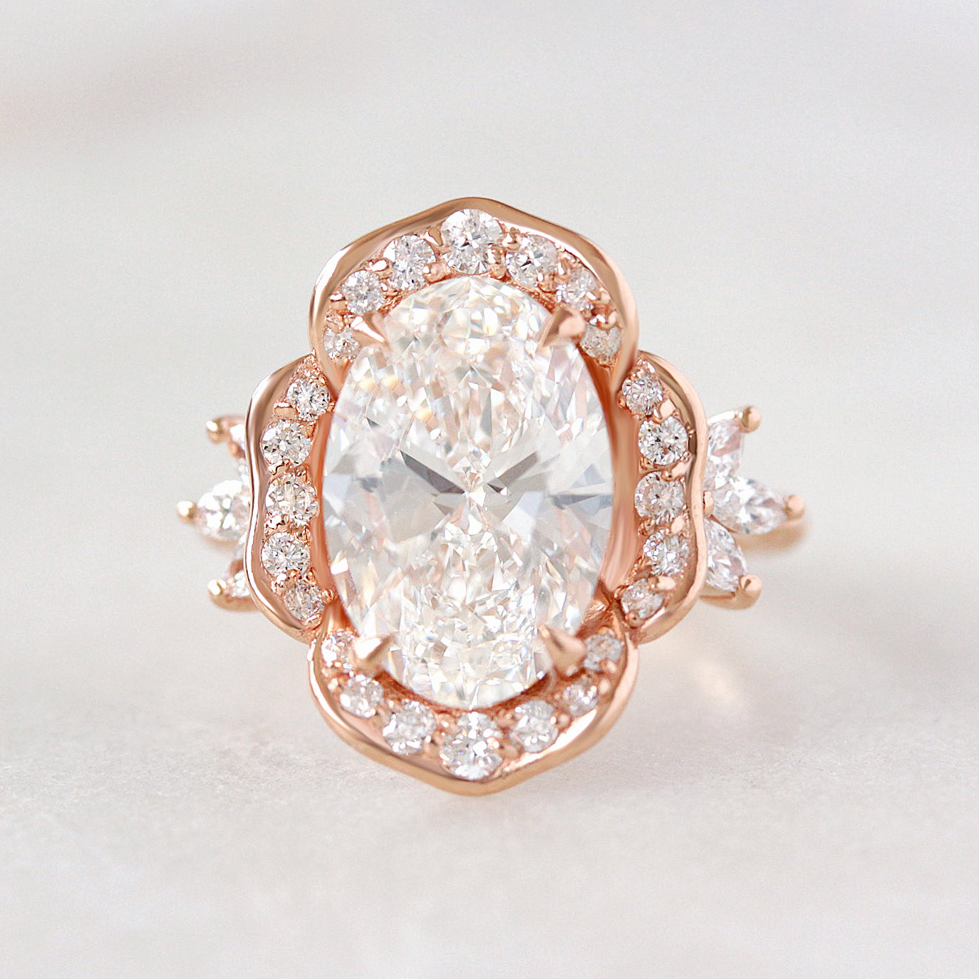 4ct Oval Cut Lab Grown Diamond Flower Statement, Camellia, nature inspired engagemetn ring, flower diamond ring