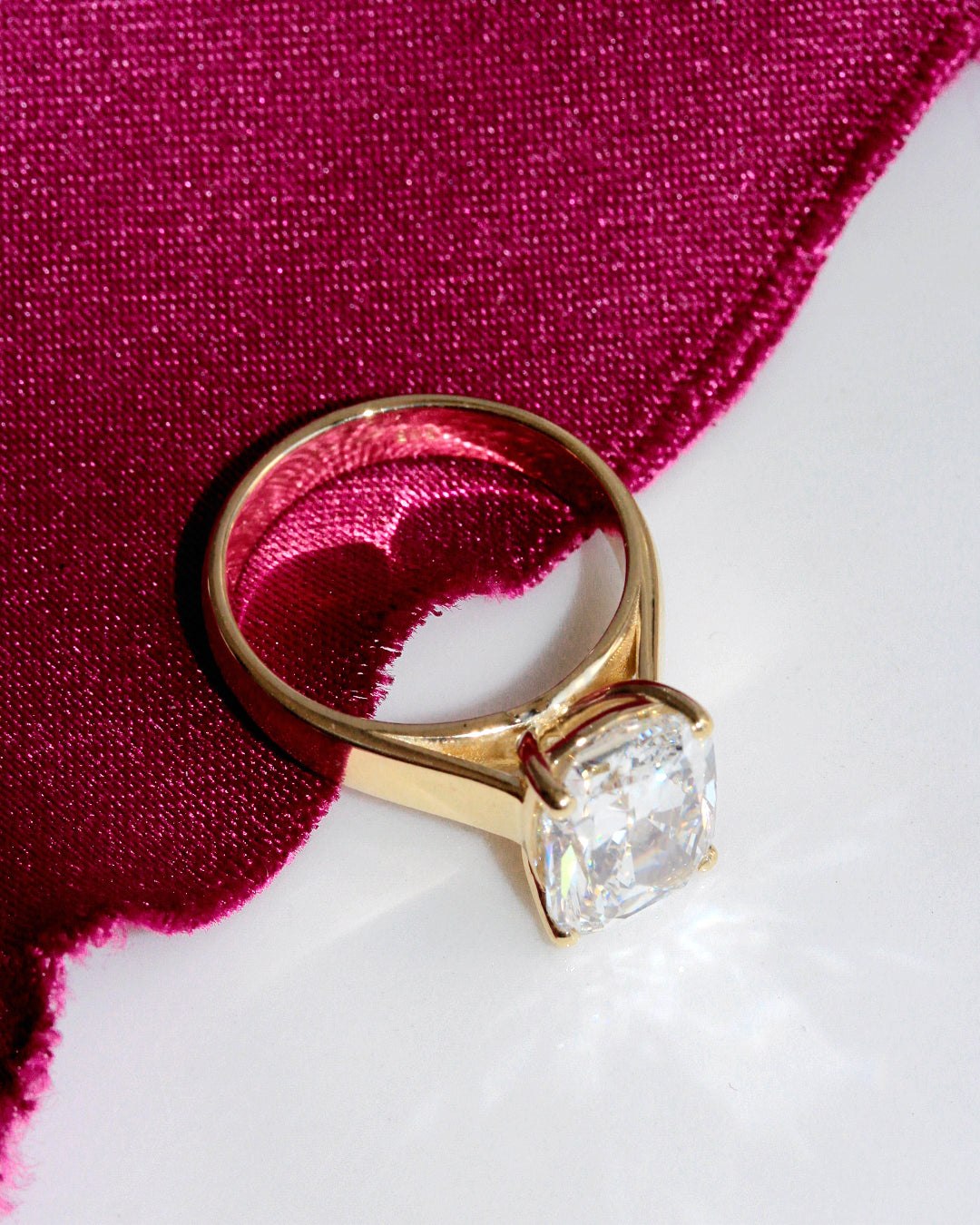 5ct Cushion Engagement Ring, 4 Prongs, 4mm Wide Band, Arya, custion cut diamond, 5 carat, solitaire, engagement ring, 4mm wide band, catedral setting