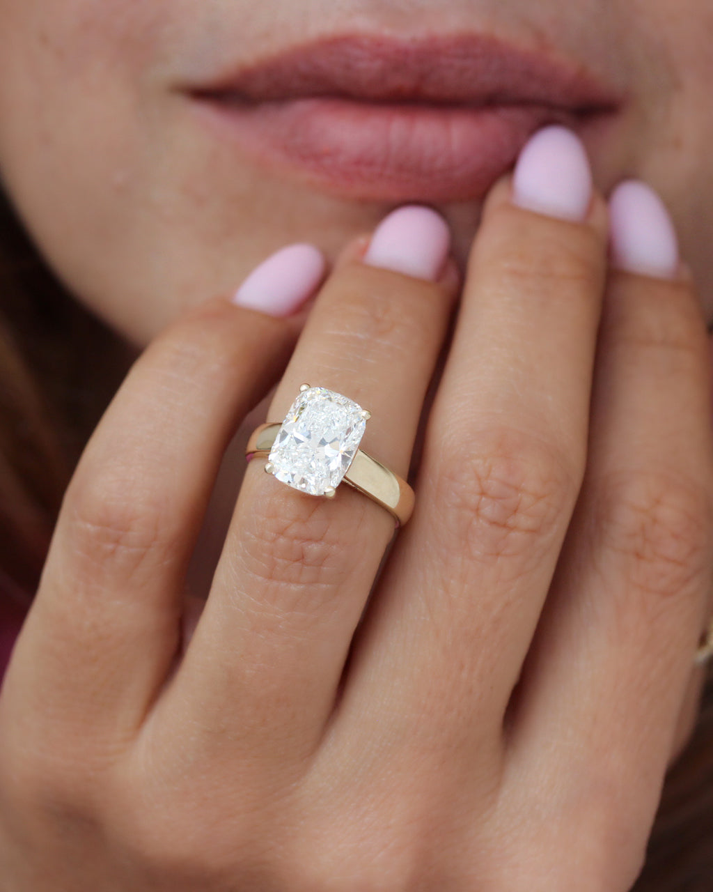 5ct Cushion Engagement Ring, 4 Prongs, 4mm Wide Band, Arya, custion cut diamond, 5 carat, solitaire, engagement ring, 4mm wide band, catedral setting