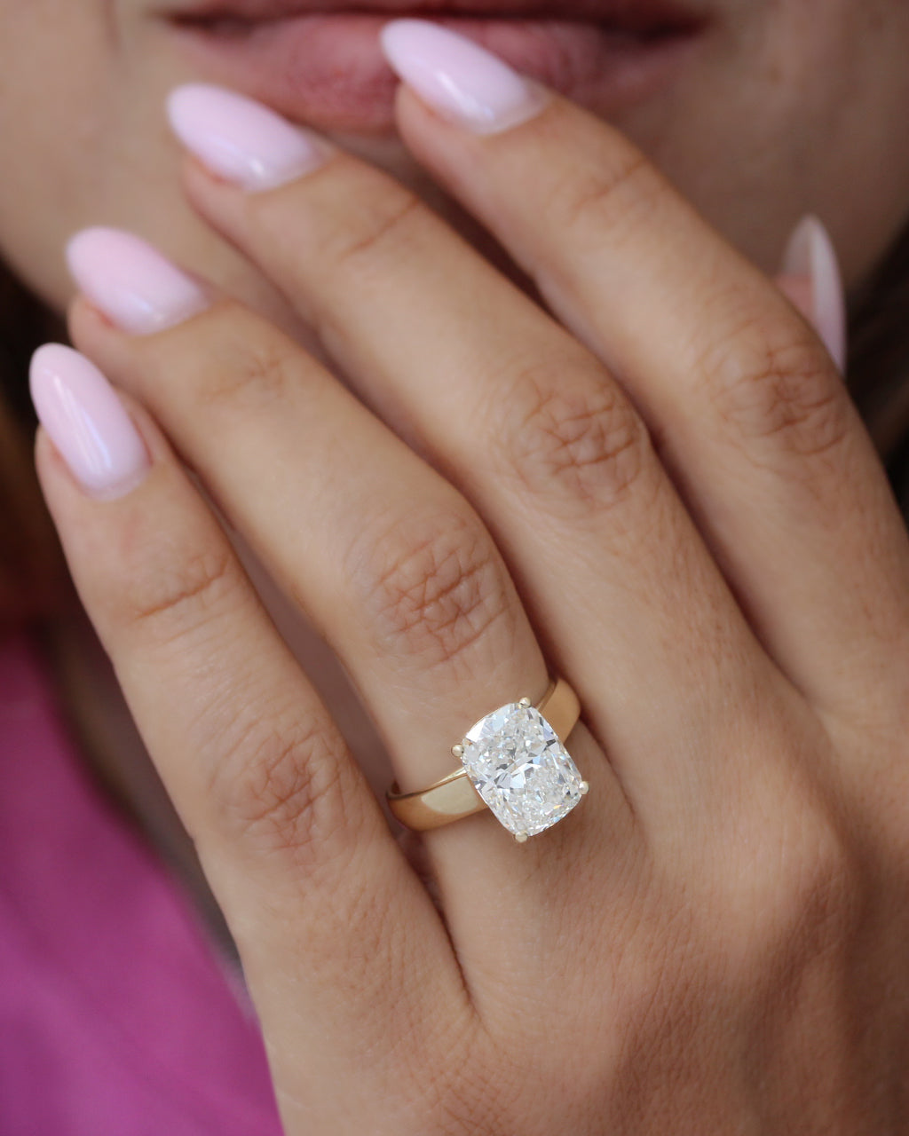 5ct Cushion Engagement Ring, 4 Prongs, 4mm Wide Band, Arya, custion cut diamond, 5 carat, solitaire, engagement ring, 4mm wide band, catedral setting