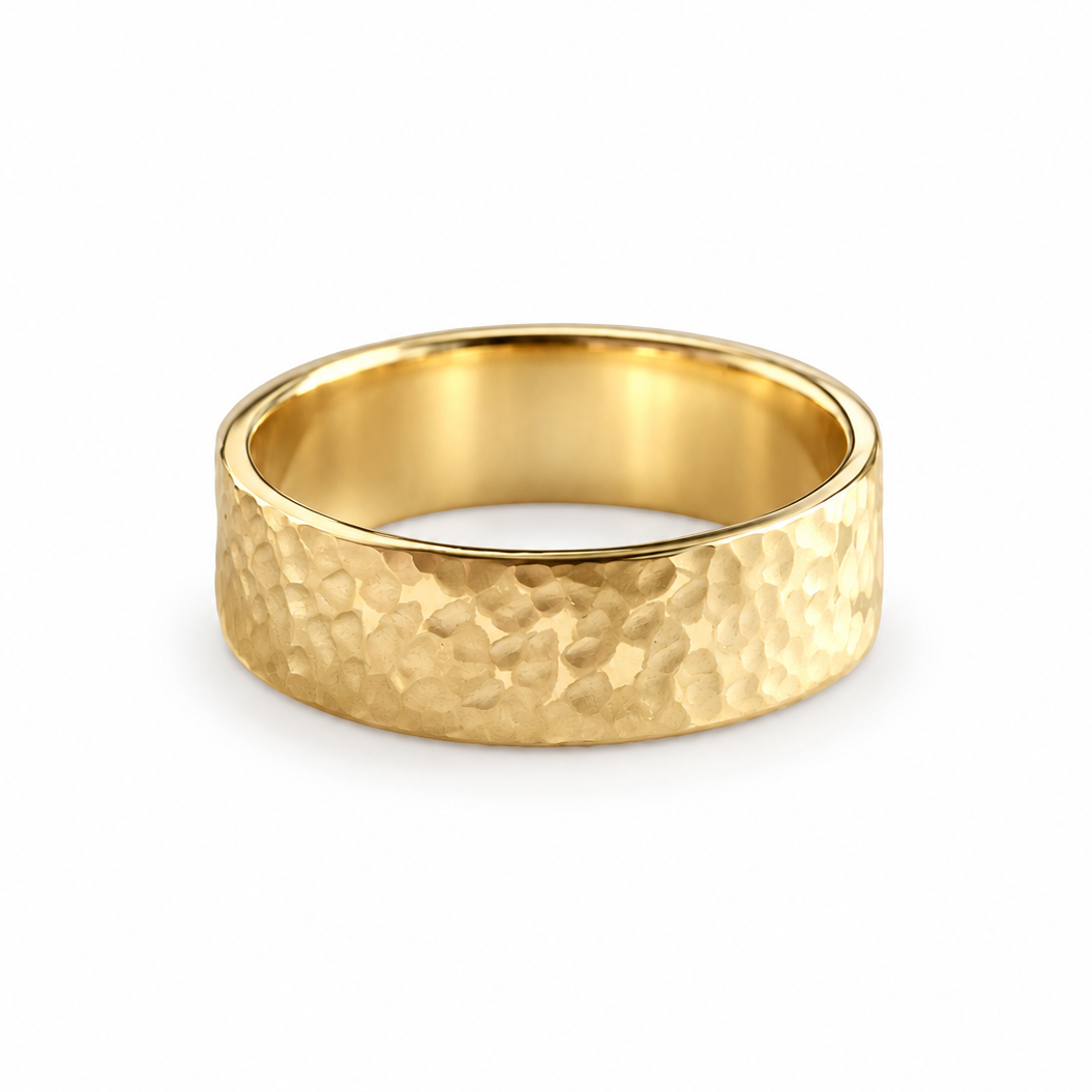 hammered textured men wedding ring 6.5mm wide 14K yellow gold 
