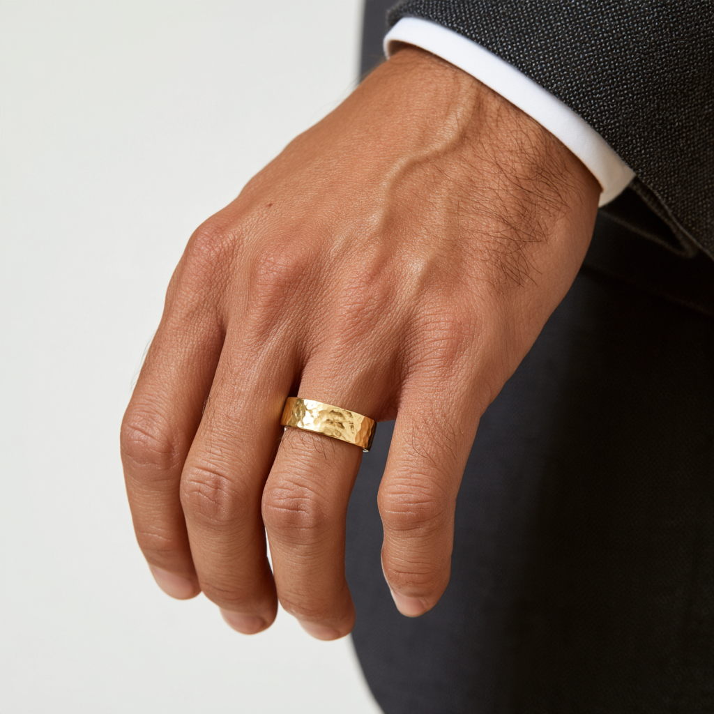 6.5mm Wide Hammered Textured Men Wedding Ring