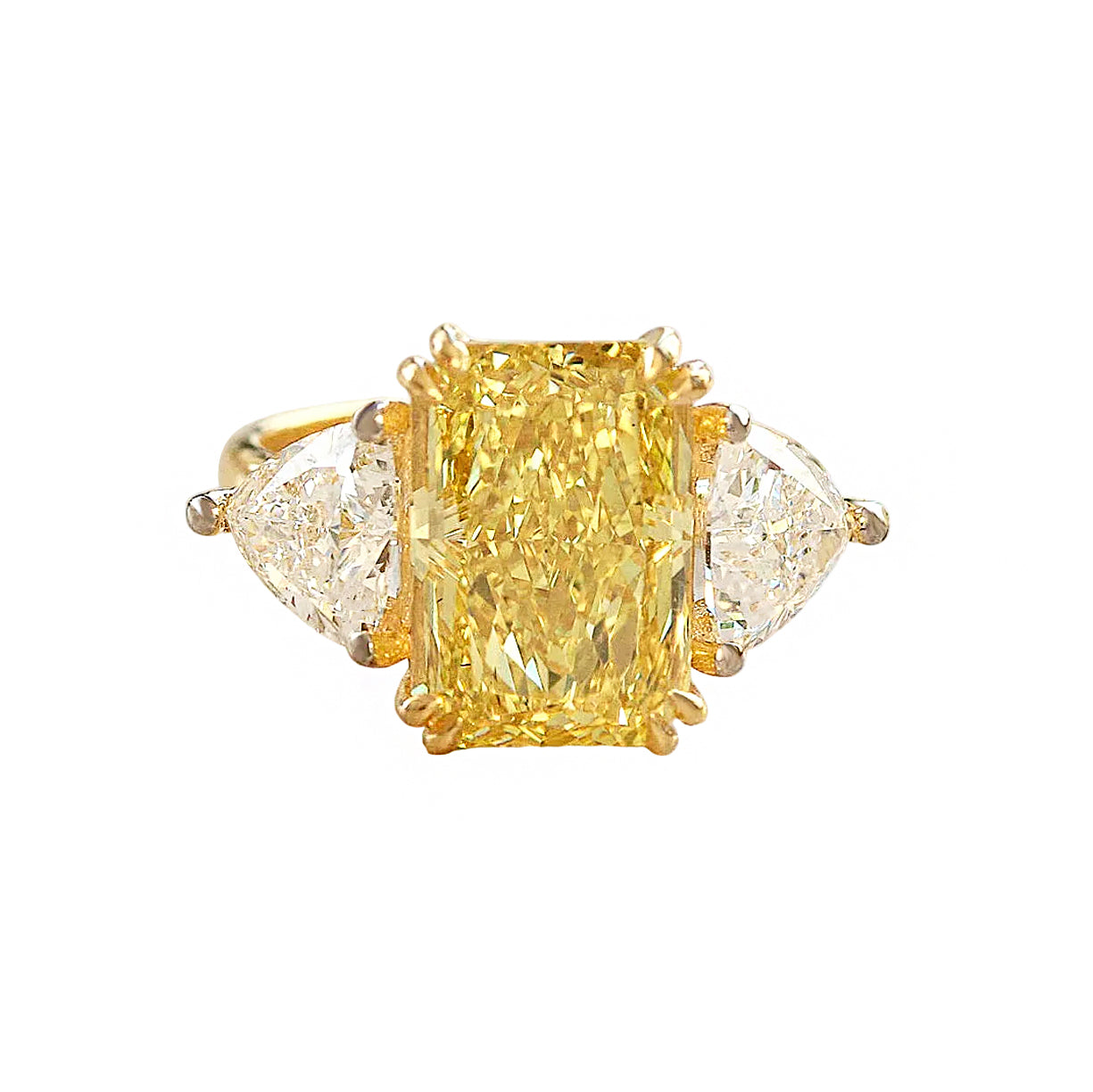 6CT Fancy Vivid Yellow Radiant Lab Diamond Engagement Ring, Three Stone Trillion Diamond Ring