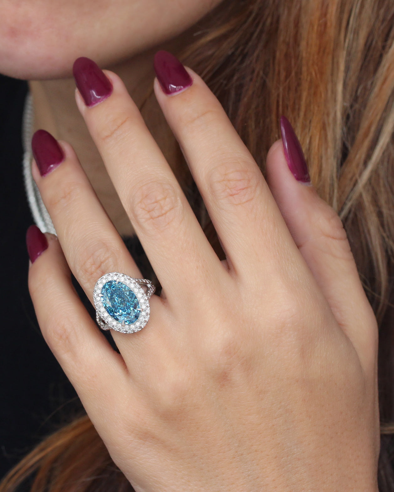 7ct Oval Blue Lab Diamond Double Halo Diamond Royal Statement Engagement Ring, Petra, 7ct blue diamond, oval lab diamond, double halo, pave setting, statement engagement ring, anniversary ring, cocktail ring, unique diamond ring, fancy color lab diamond