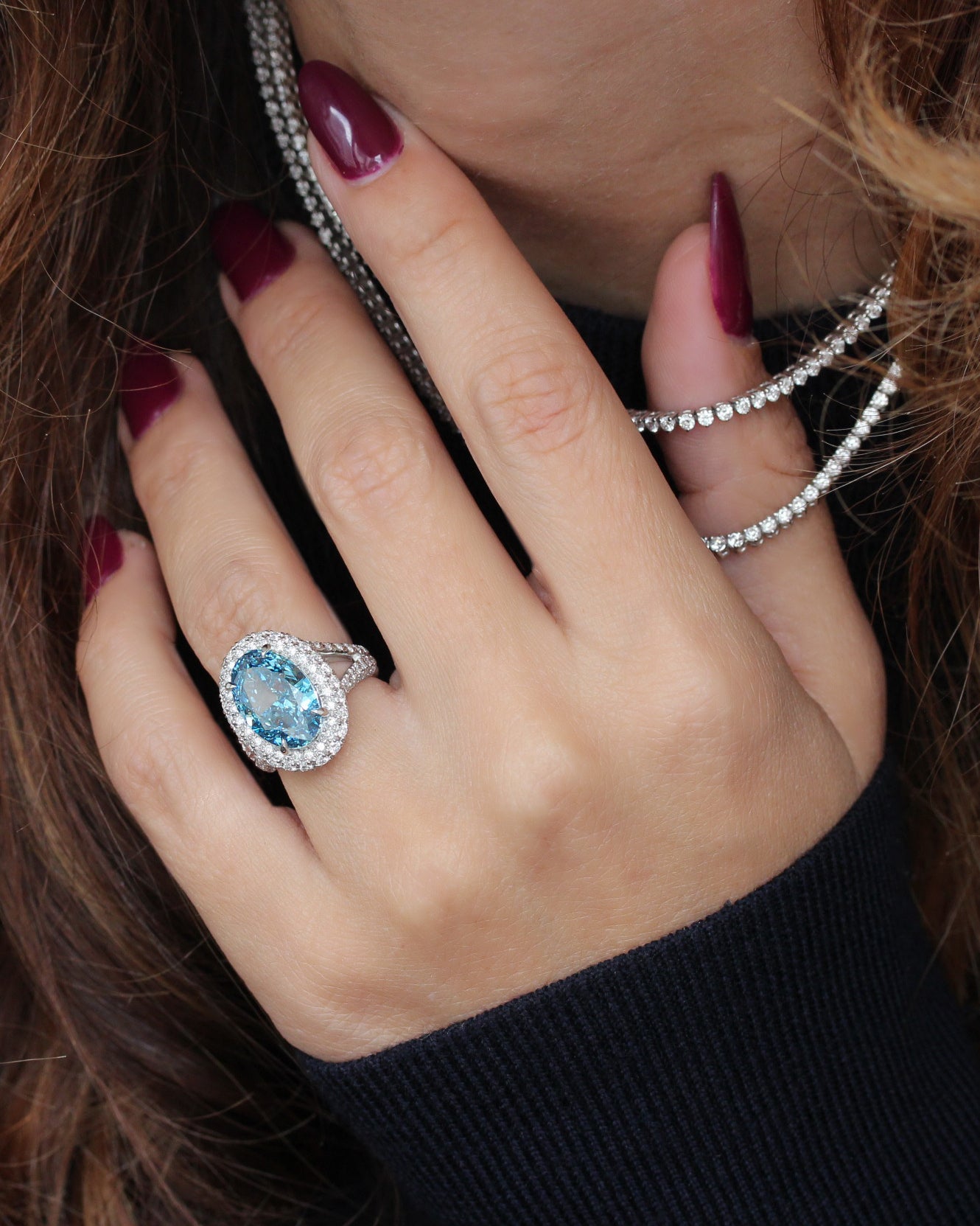 7ct Oval Blue Lab Diamond Double Halo Diamond Royal Statement Engagement Ring, Petra, 7ct blue diamond, oval lab diamond, double halo, pave setting, statement engagement ring, anniversary ring, cocktail ring, unique diamond ring, fancy color lab diamond