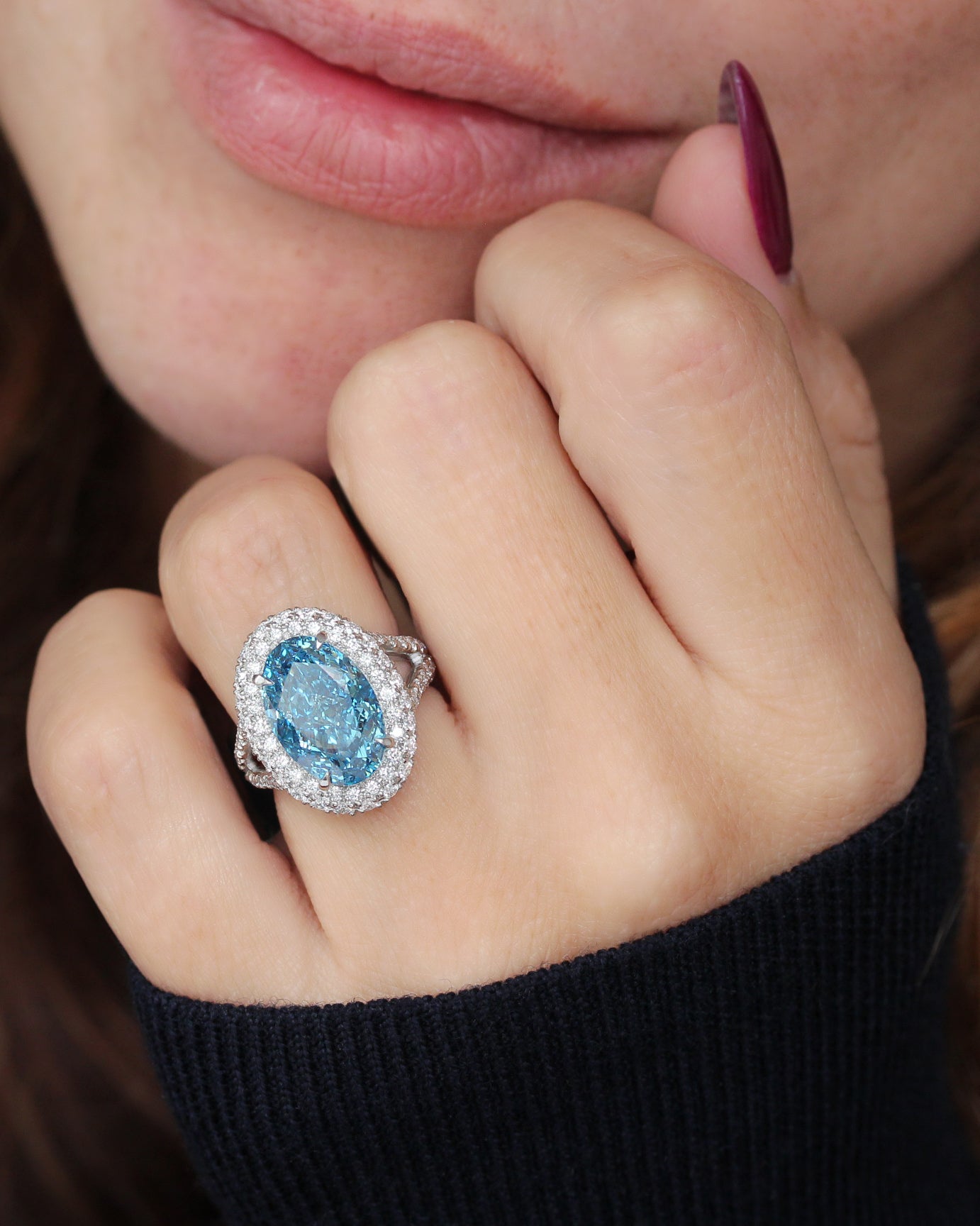 7ct Oval Blue Lab Diamond Double Halo Diamond Royal Statement Engagement Ring, Petra, 7ct blue diamond, oval lab diamond, double halo, pave setting, statement engagement ring, anniversary ring, cocktail ring, unique diamond ring, fancy color lab diamond