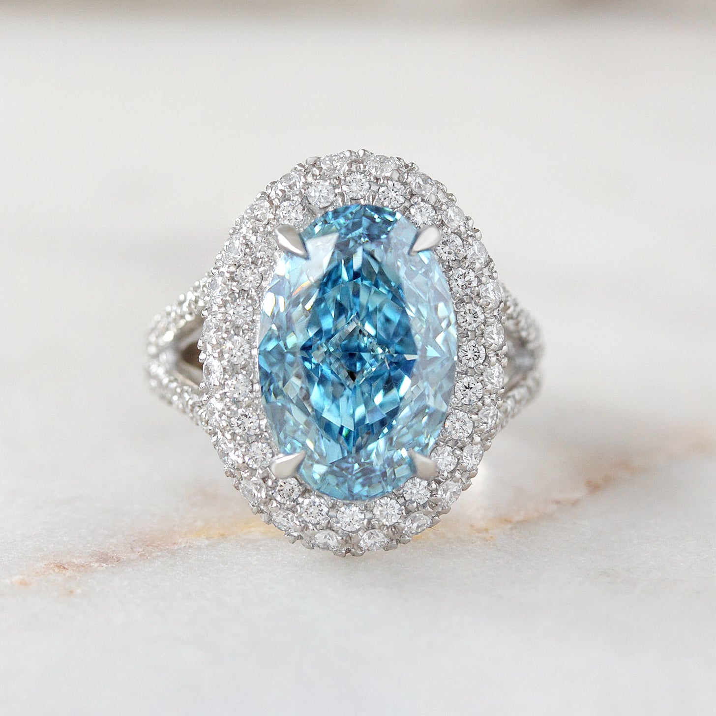 7ct Oval Blue Lab Diamond Double Halo Diamond Royal Statement Engagement Ring, Petra