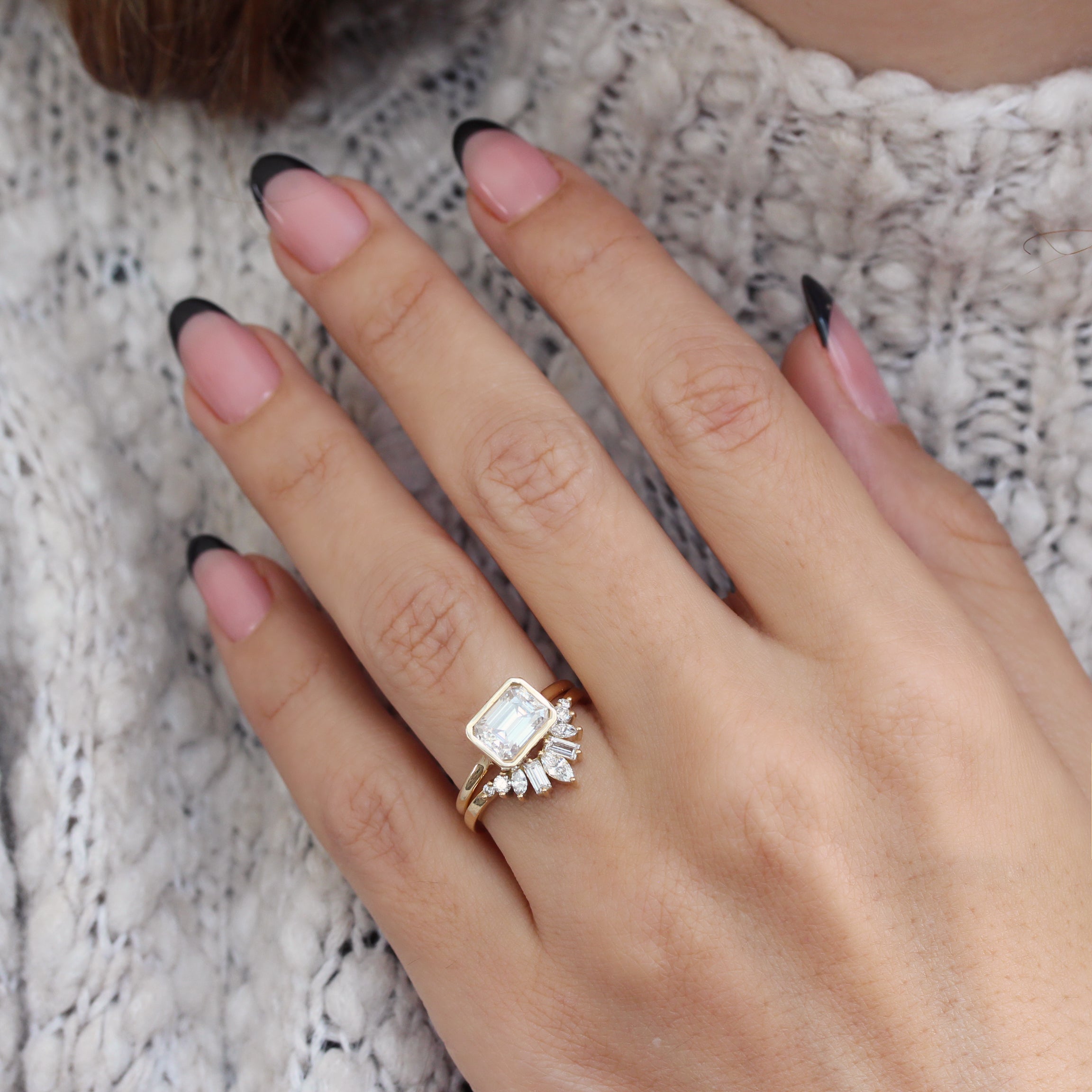 East West Emerald Cut Solitaire Bezel Set Diamond Engagement Ring With Nesting Wedding Ring Two Ring Bridal Set Jade Ally V