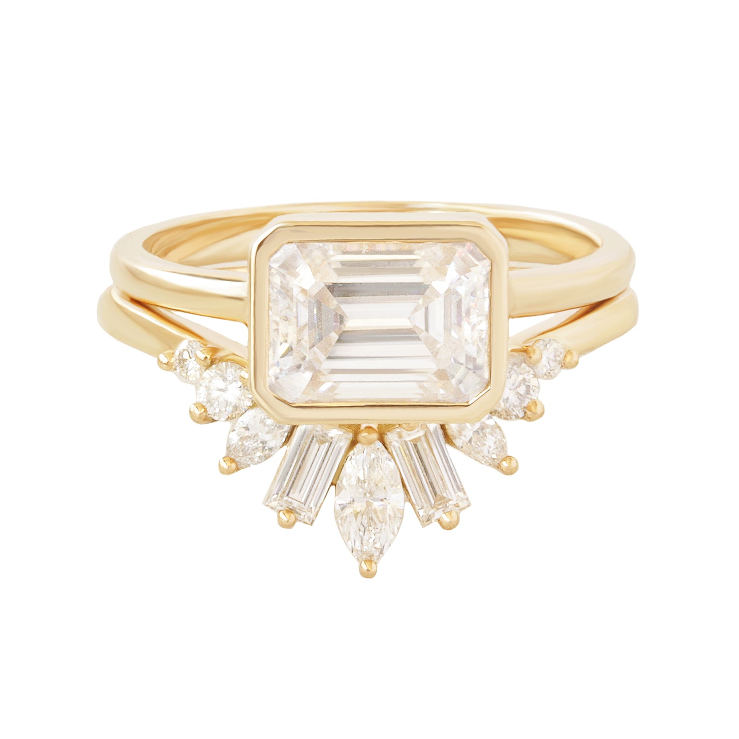 East West Emerald Cut Solitaire Bezel Set Diamond Engagement Ring With