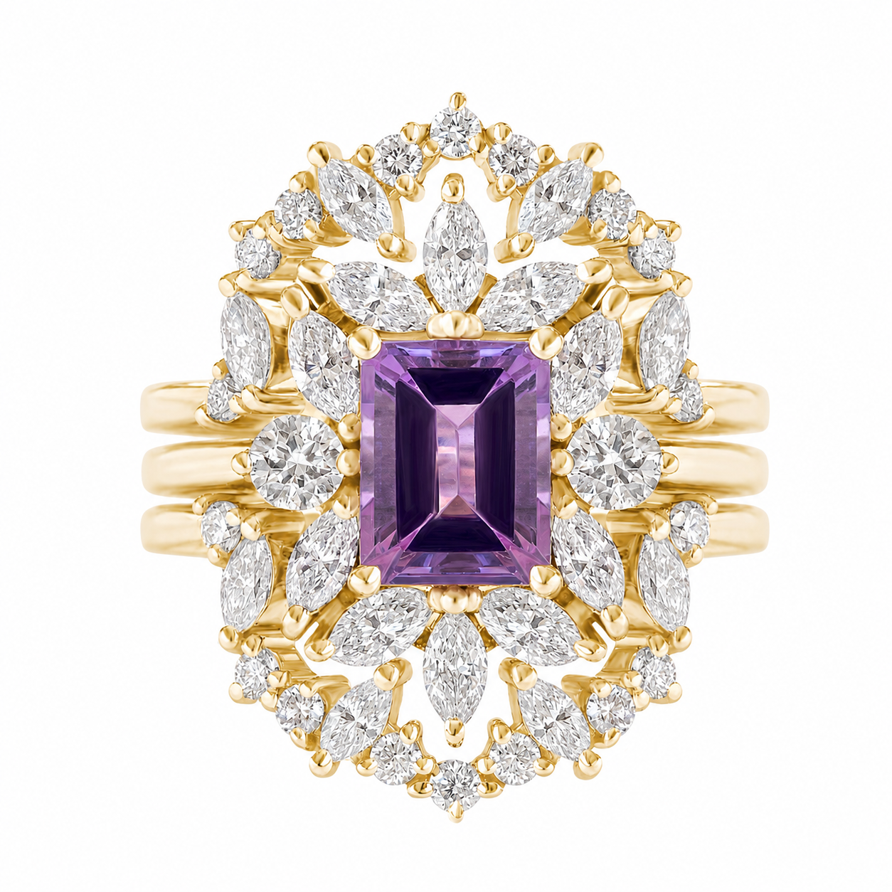 Amethyst diamond engagement ring and ring guard A yellow gold ring featuring a central rectangular purple amethyst gemstone surrounded by a double halo of marquise and round-cut clear diamonds, set against a plain white background.