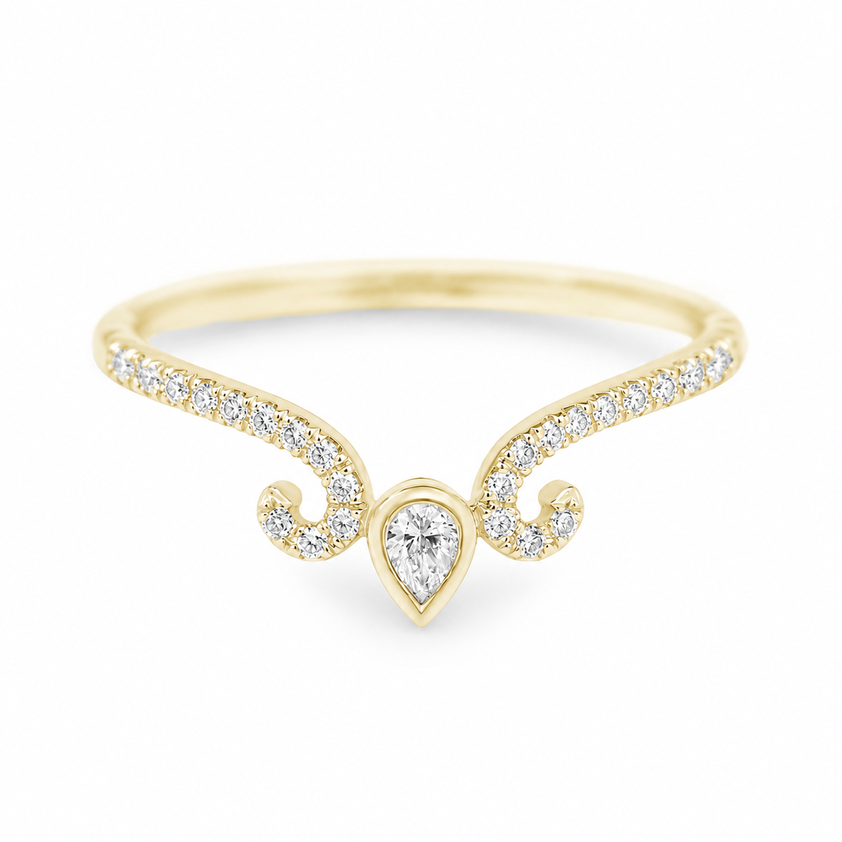 A yellow gold ring featuring a pear-cut diamond center stone and pavé-set diamonds along a curved wing-like band, shown on a clean white background.