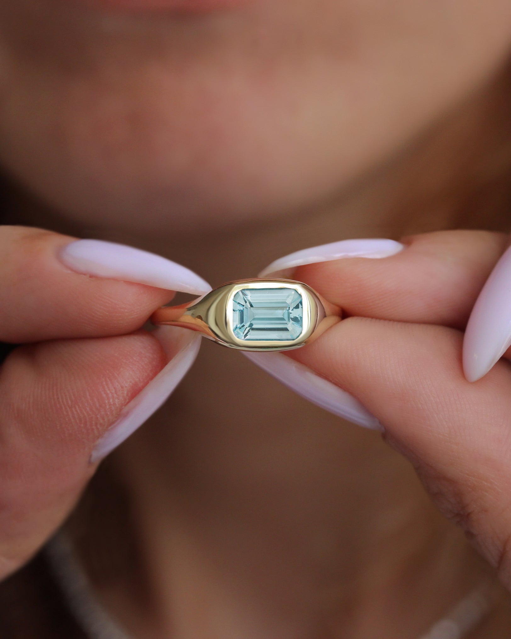 Bezel Set East West Emerald Cut Aquamarine Chunky Modern Birthstone Signet Ring