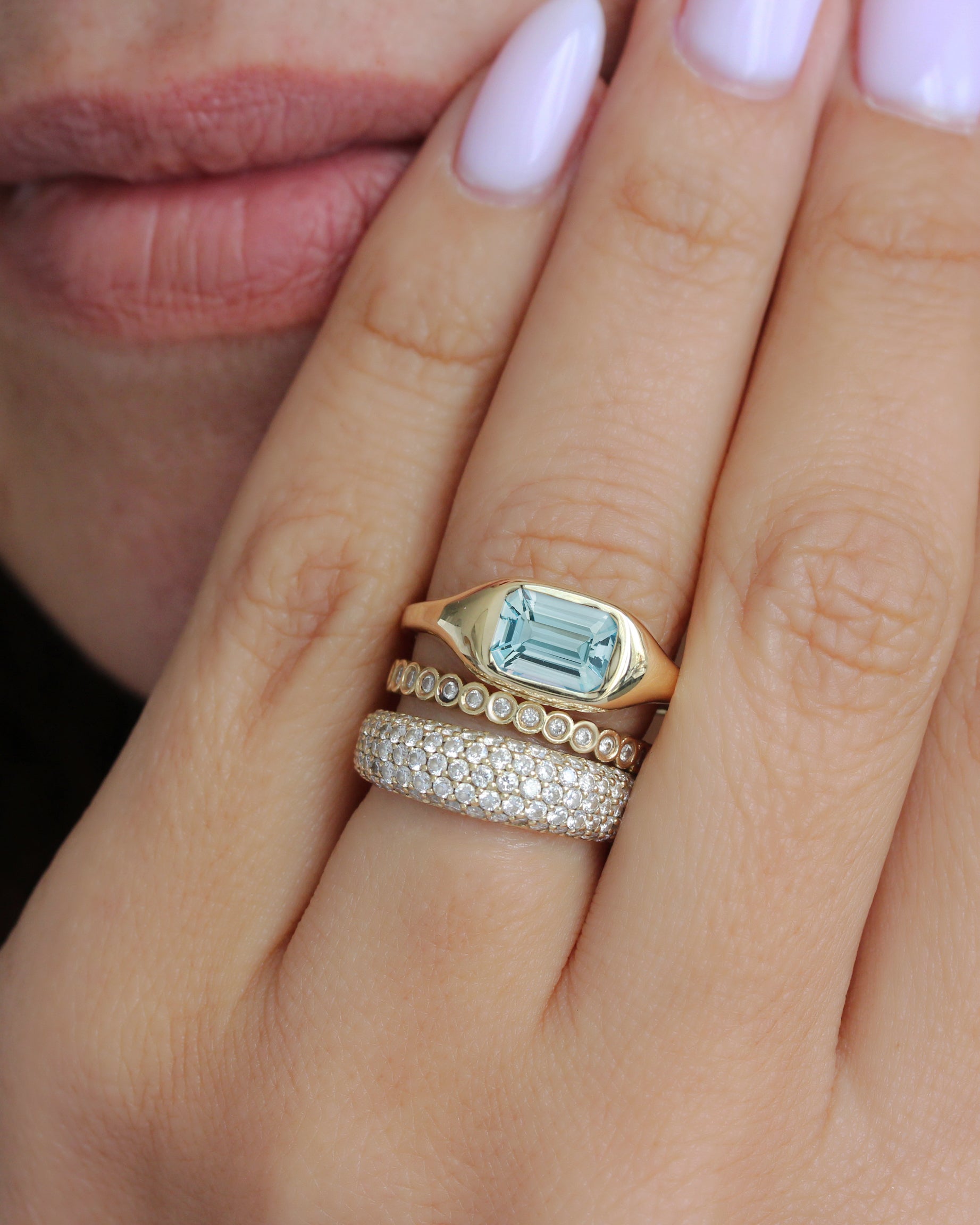 Bezel Set East West Emerald Cut Aquamarine Chunky Modern Birthstone Signet Ring