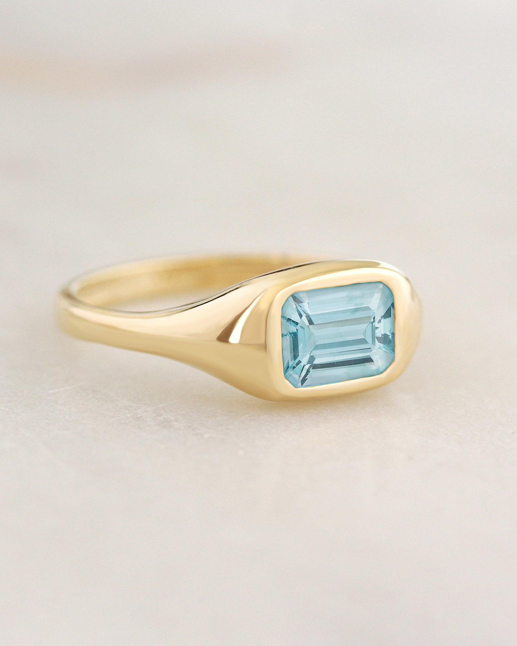 Bezel Set East West Emerald Cut Aquamarine Chunky Modern Birthstone Signet Ring