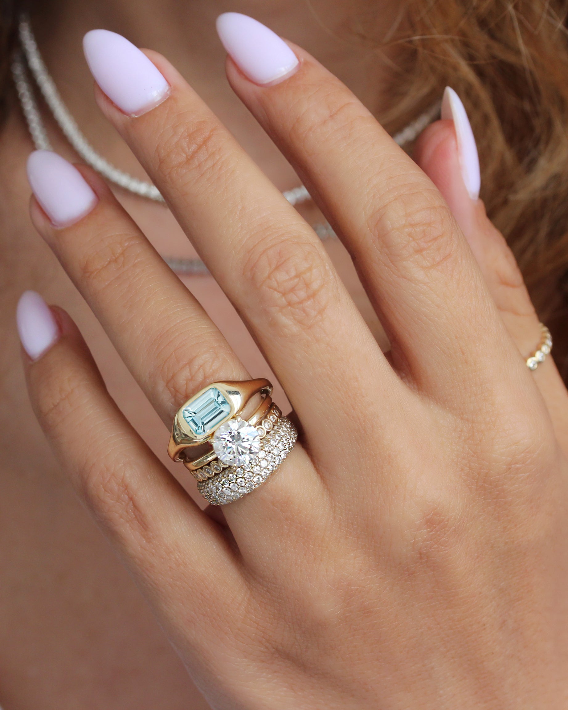 Bezel Set East West Emerald Cut Aquamarine Chunky Modern Birthstone Signet Ring