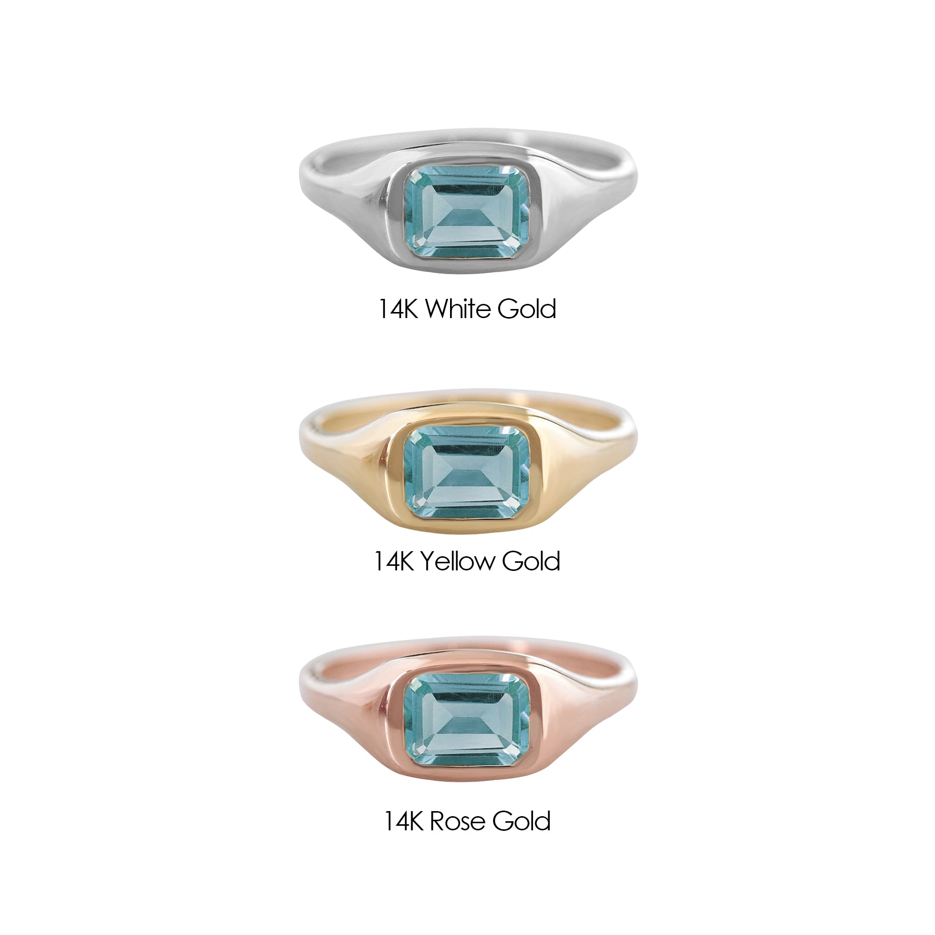 Bezel Set East West Emerald Cut Aquamarine Chunky Modern Birthstone Signet Ring