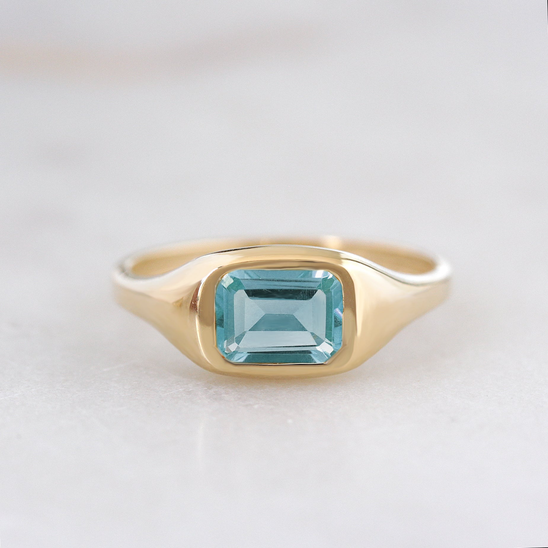 Bezel Set East West Emerald Cut Aquamarine Chunky Modern Birthstone Signet Ring, Aquamarine ring, birthstone ring, March birthstone, east west setting, signet ring, bold gold ring, chunky ring, unisex ring, men ring, pinky ring