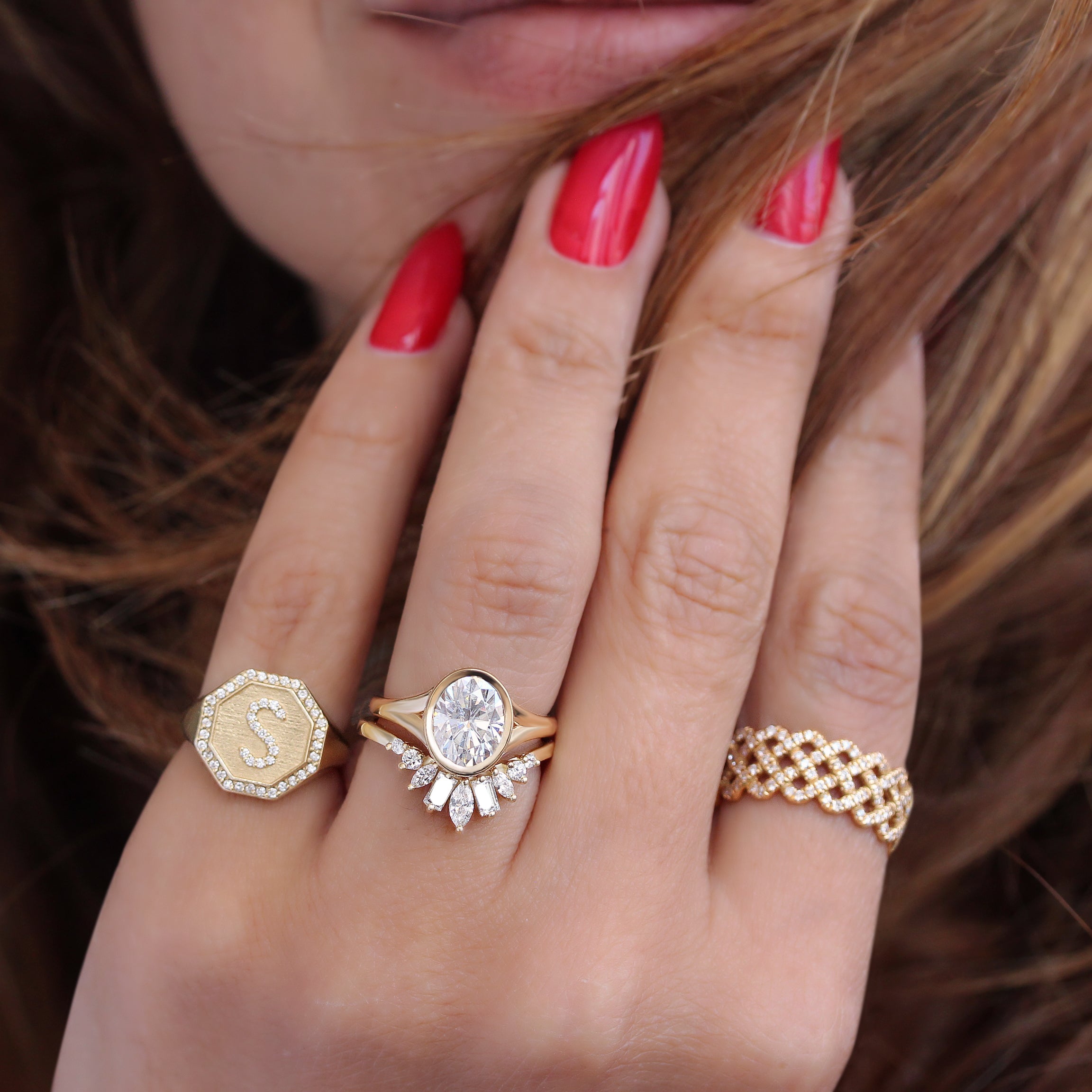 Octagon Signet Diamond Initial Ring - Personalized Gold Name Ring