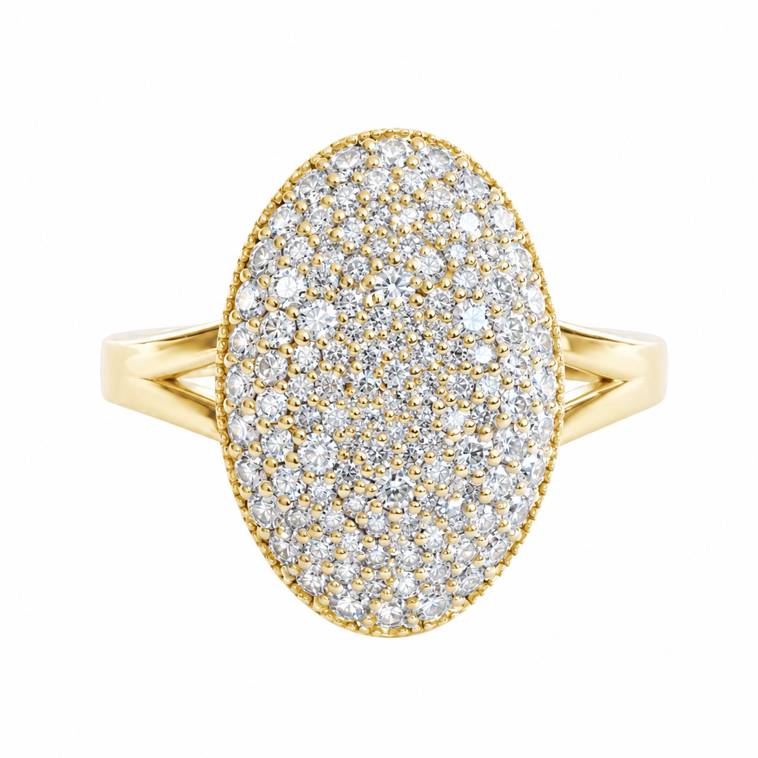 big oval diamond pave dome diamond ring yellow gold