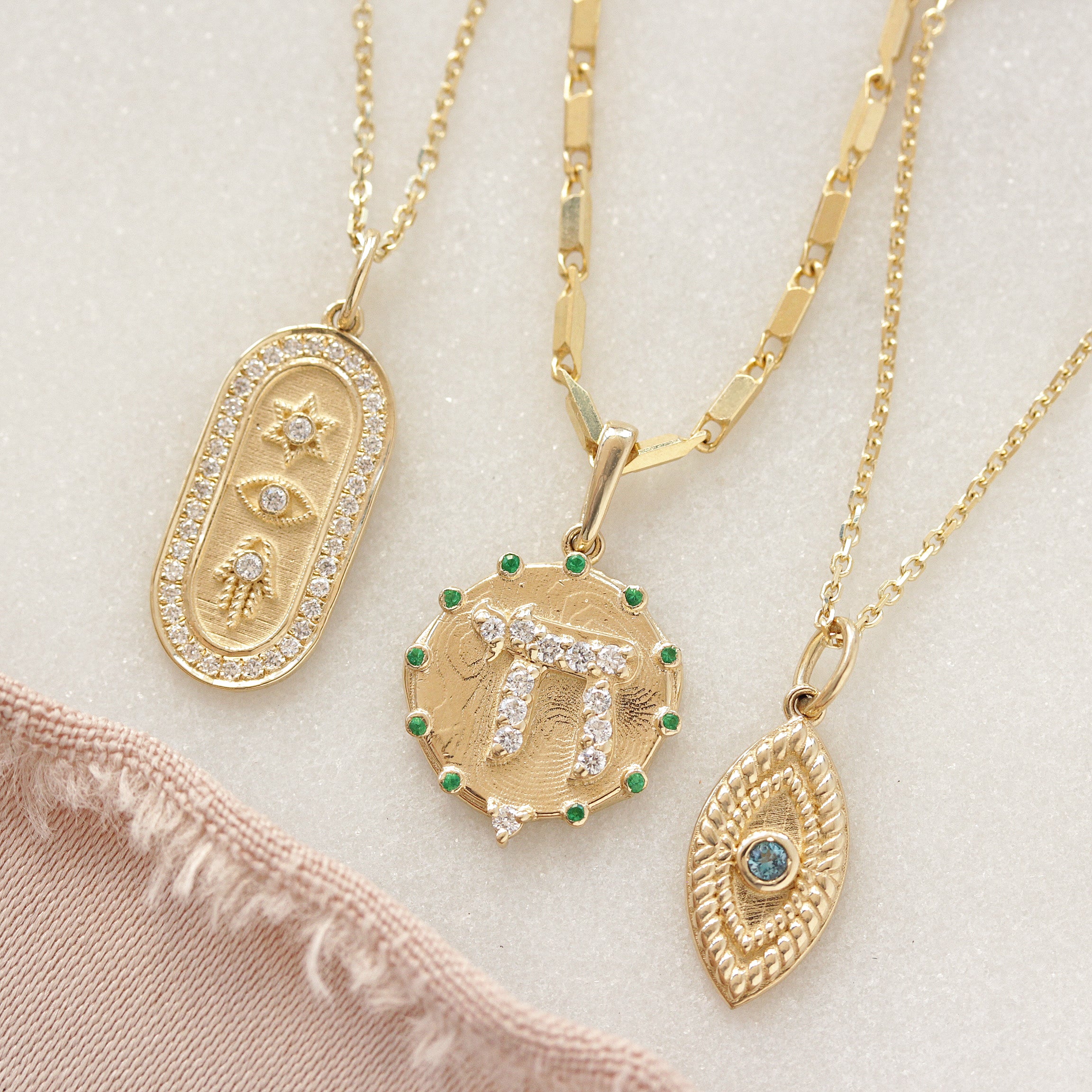 Chai Pendant Necklace - Gold and Diamond Am Yisrael Chai Coin Pendant Necklace
