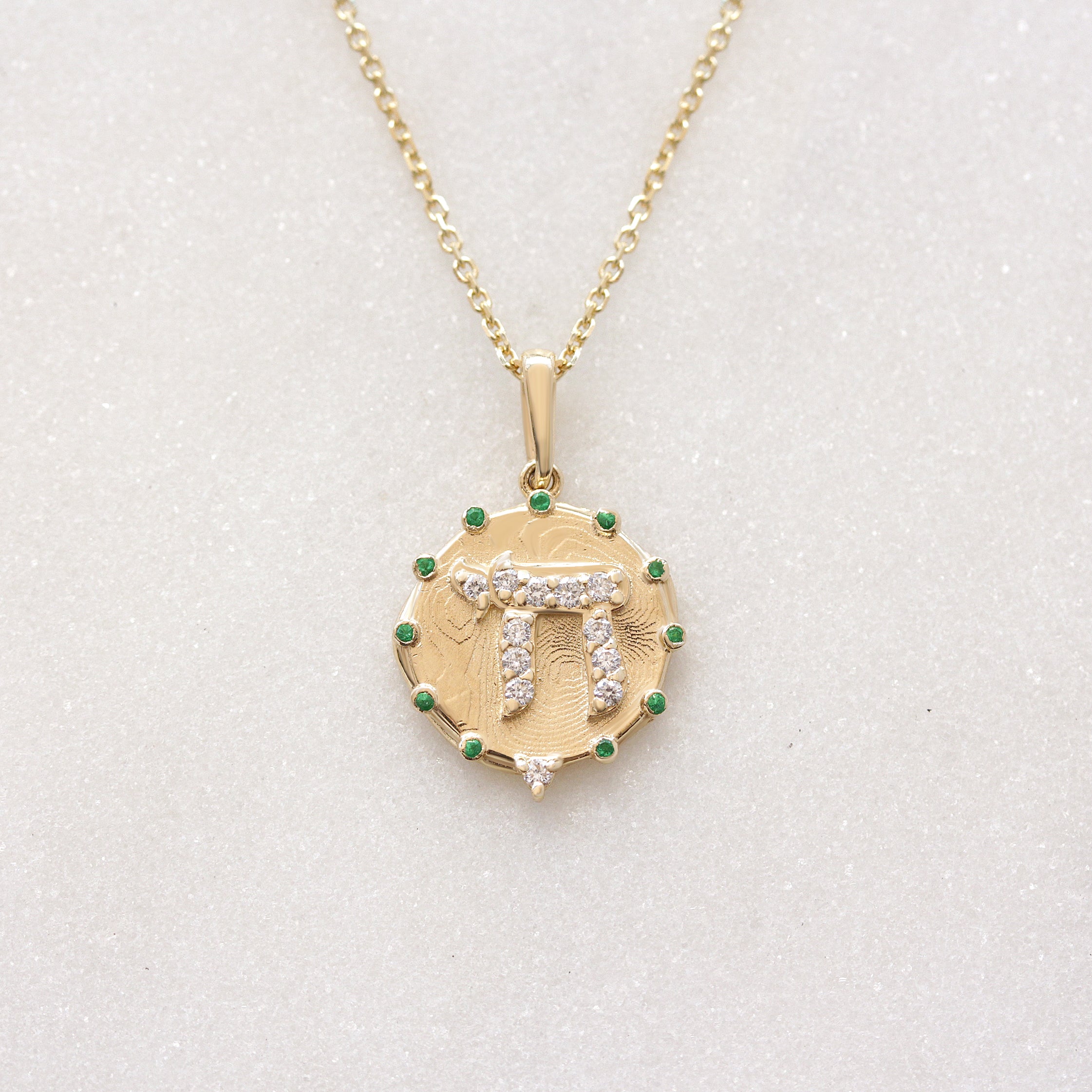 Chai Pendant Necklace - Gold and Diamond Am Yisrael Chai Coin Pendant Necklace