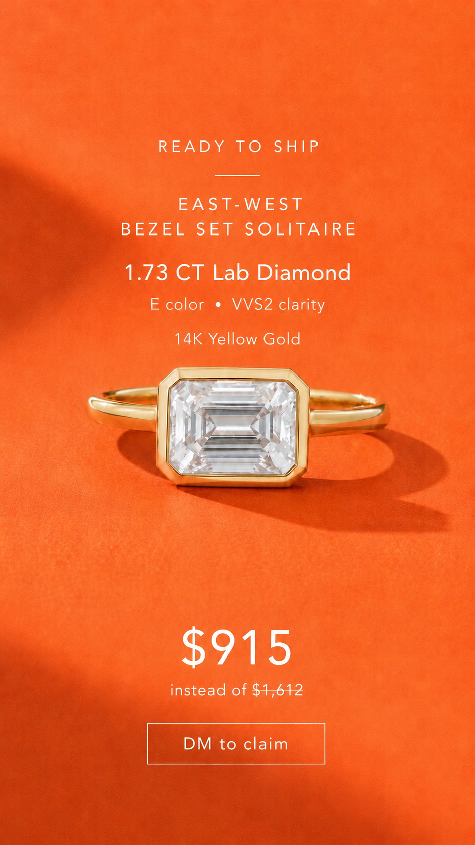 1.73CT East West Emerald Cut Diamond Bezel Set Solitaire Engagement Ring
